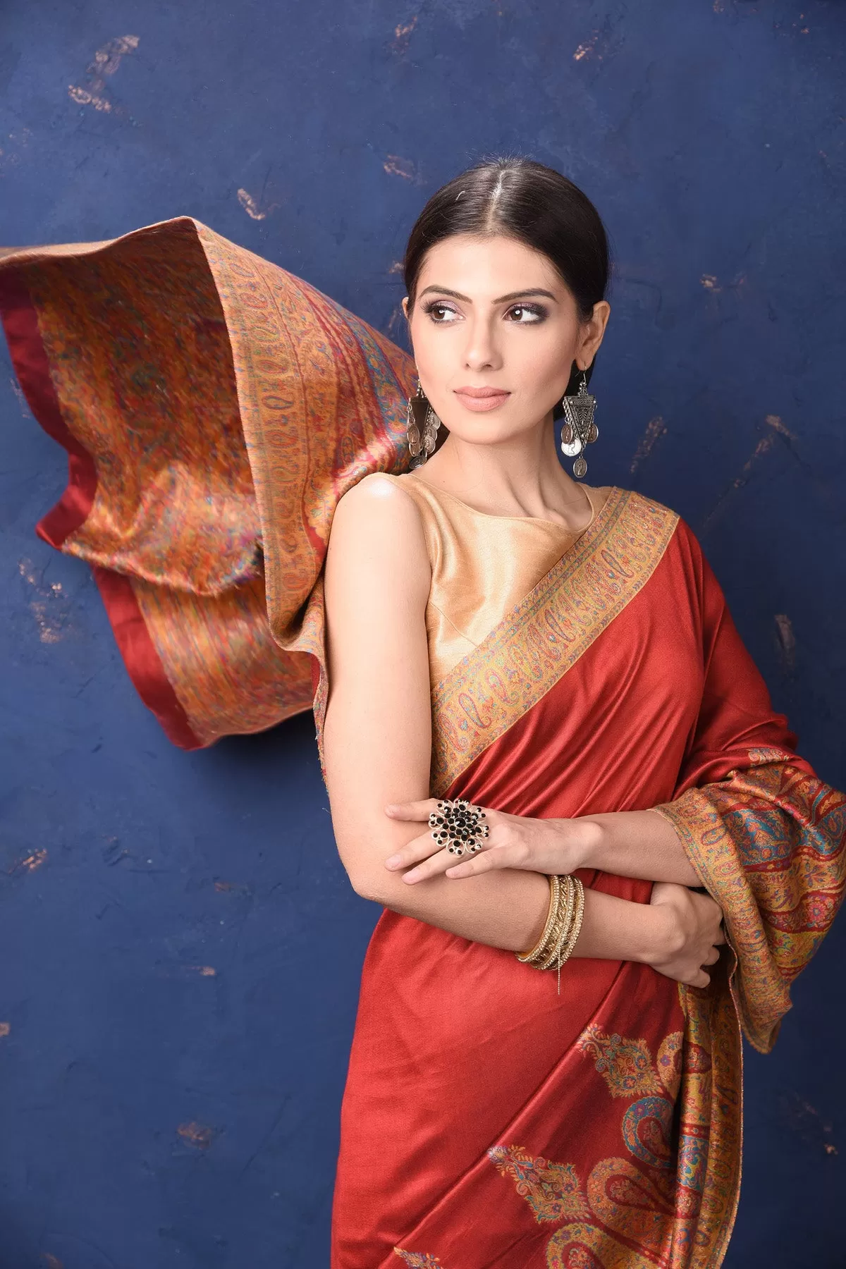 90L945-RO Red Tussar Muga Silk Saree with Kani Border