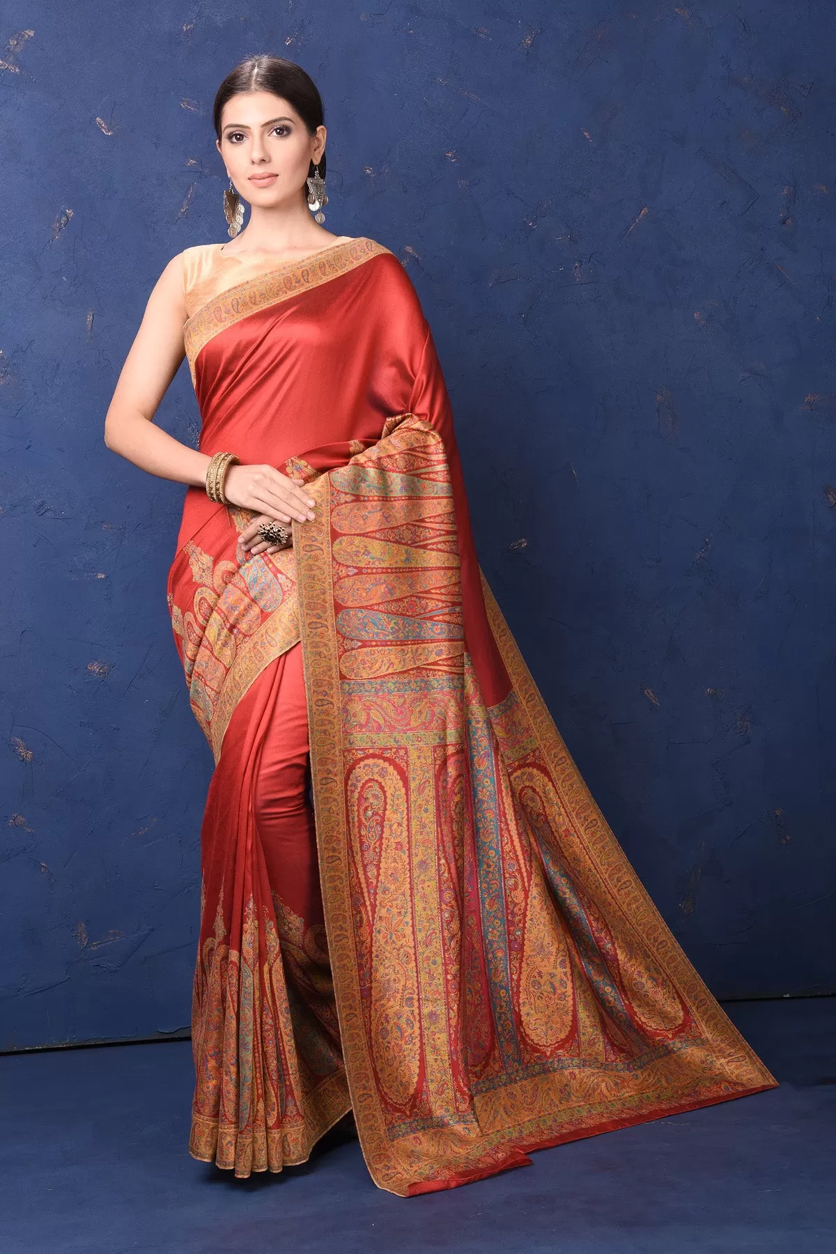 90L945-RO Red Tussar Muga Silk Saree with Kani Border