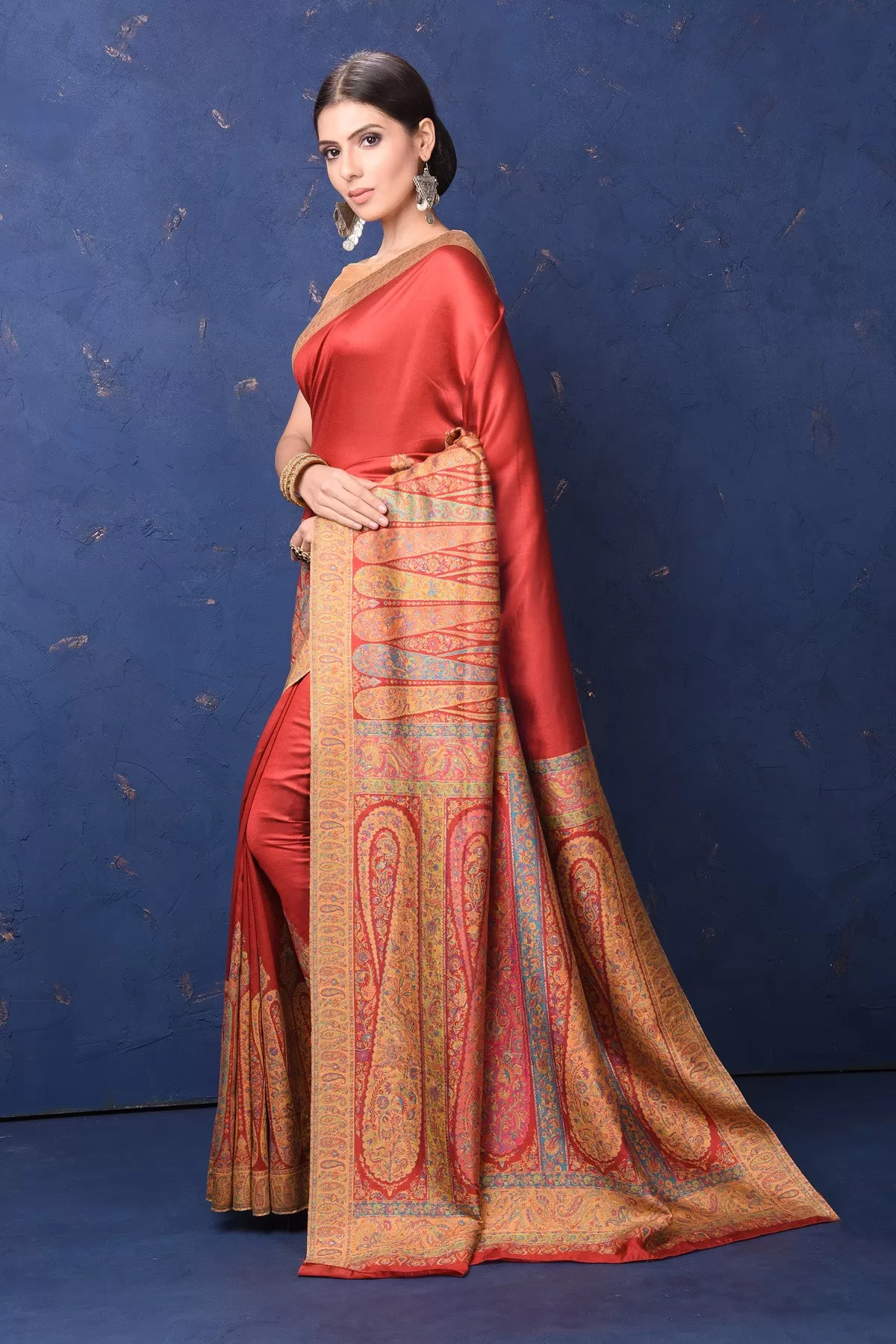 90L945-RO Red Tussar Muga Silk Saree with Kani Border