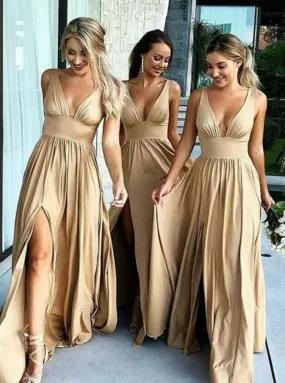 A-Line V-Neck Satin Floor Length Prom Evening Bridesmaid Dress