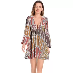 Amino Acid Print Lantern Sleeve Deep V-Neck Short Dress