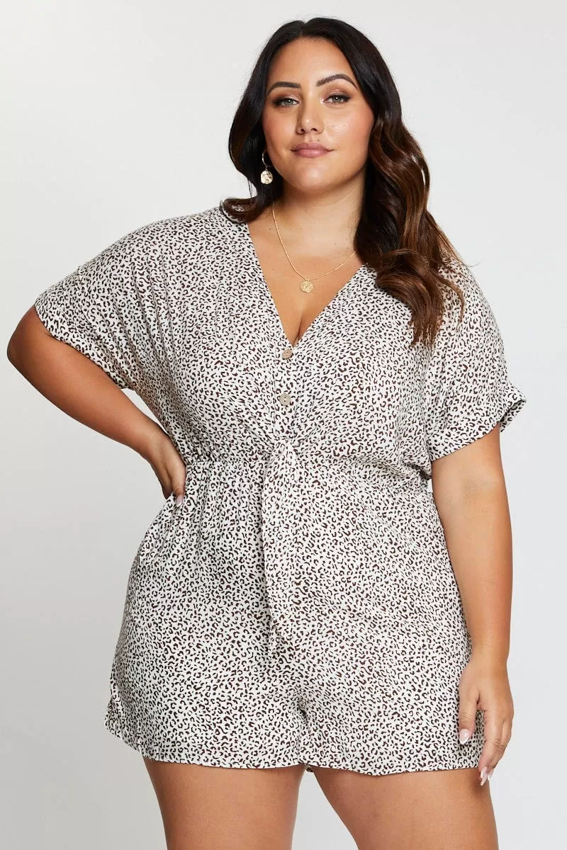 Animal Print Playsuit V-neck Short Sleeve