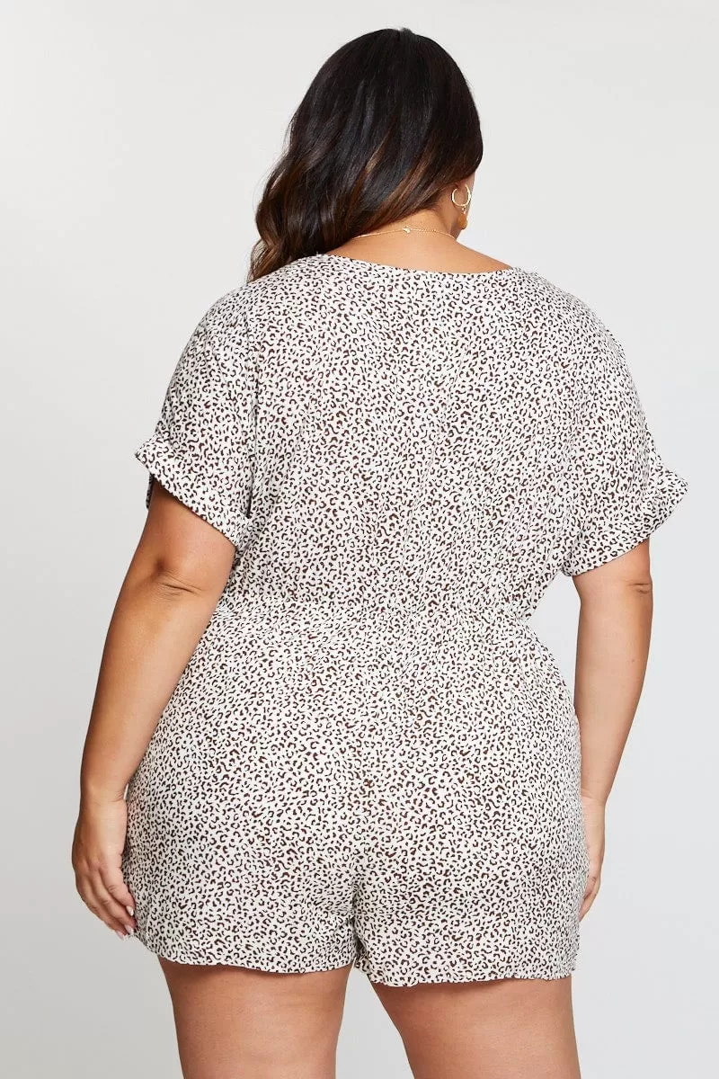 Animal Print Playsuit V-neck Short Sleeve