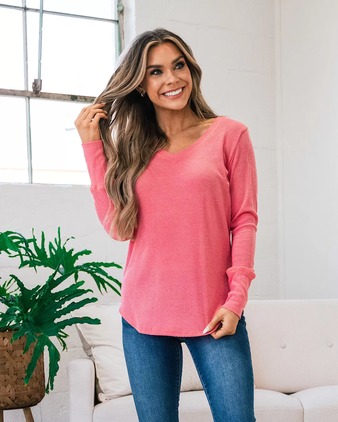 Ariel Waffle Knit V Neck Top - Candy Pink