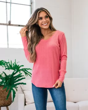 Ariel Waffle Knit V Neck Top - Candy Pink