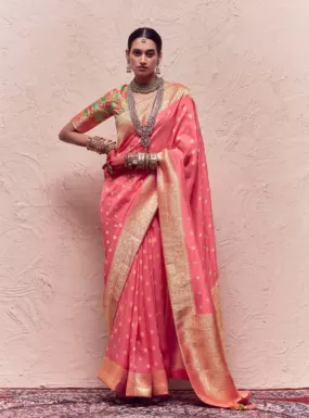 Beautiful Coral pink and gold jacquard silk saree - rent