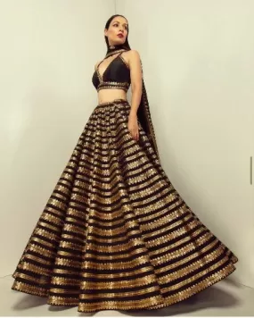 Black & Gold Heavy Kasturi Silk Sequins Work Semi Stitched Lehenga Choli Set