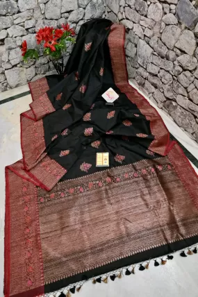 Black and Red Color Pure Tussar Banarasi with Meenakari Work and Meena Butta