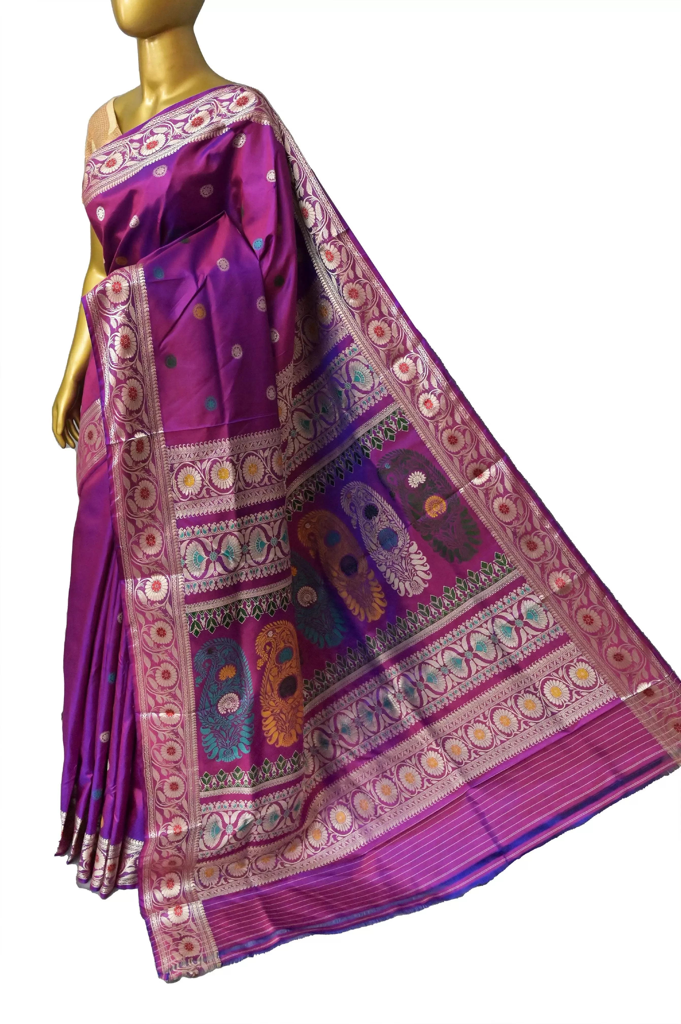 Blue and Magenta Dual Tone Color Pure Revival Baluchari Silk Saree with Meenakari Pallu