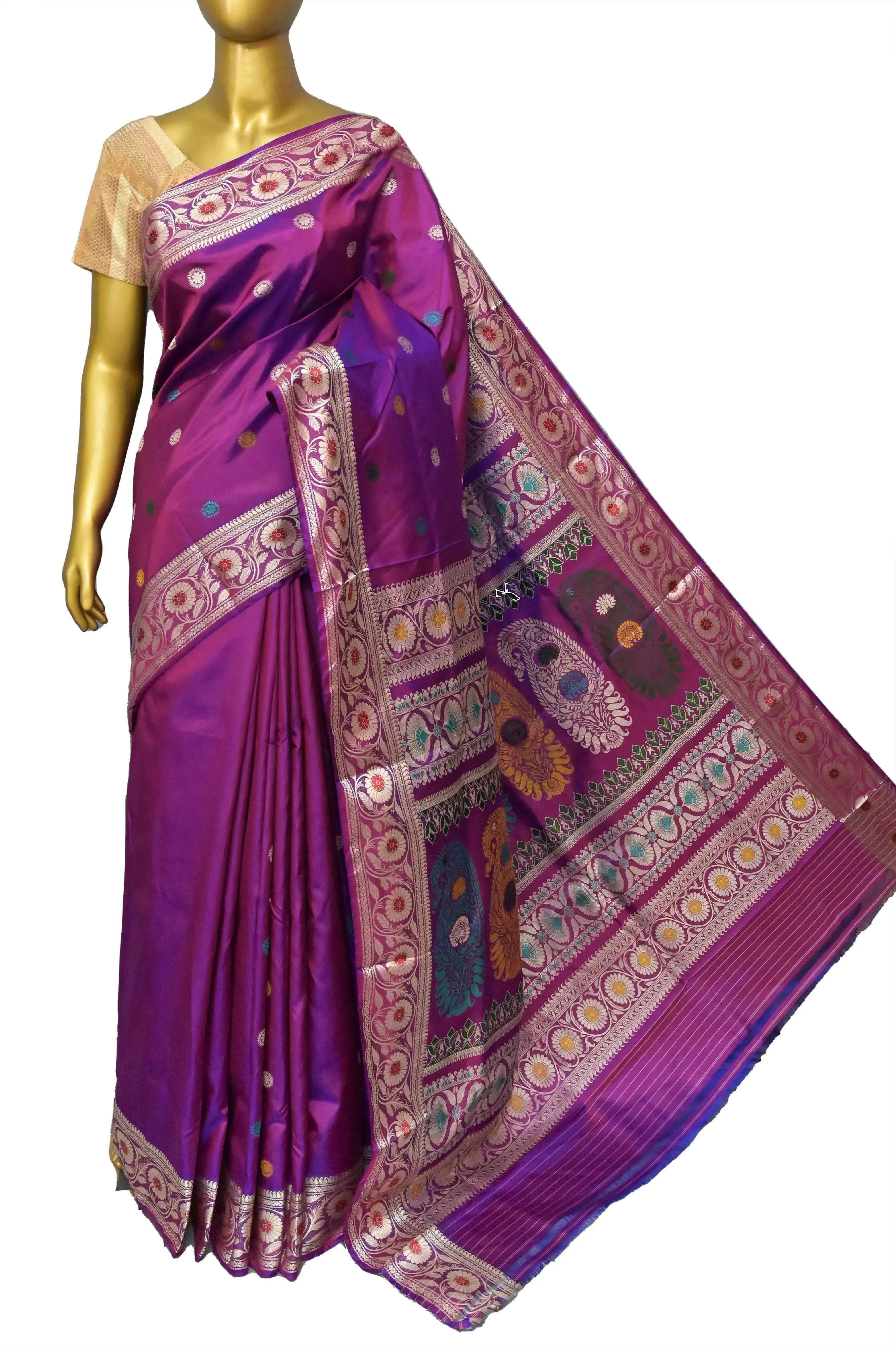 Blue and Magenta Dual Tone Color Pure Revival Baluchari Silk Saree with Meenakari Pallu