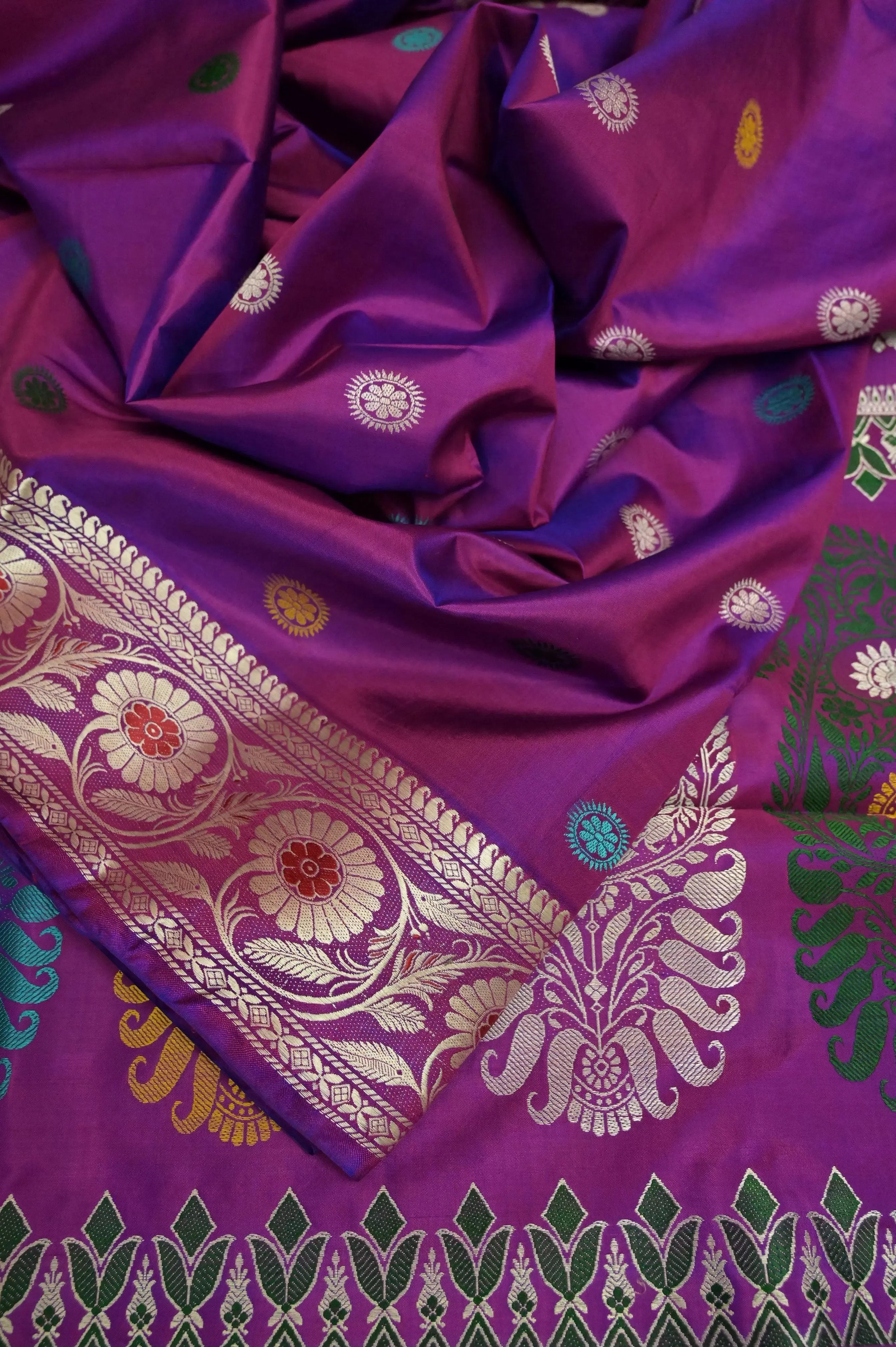 Blue and Magenta Dual Tone Color Pure Revival Baluchari Silk Saree with Meenakari Pallu