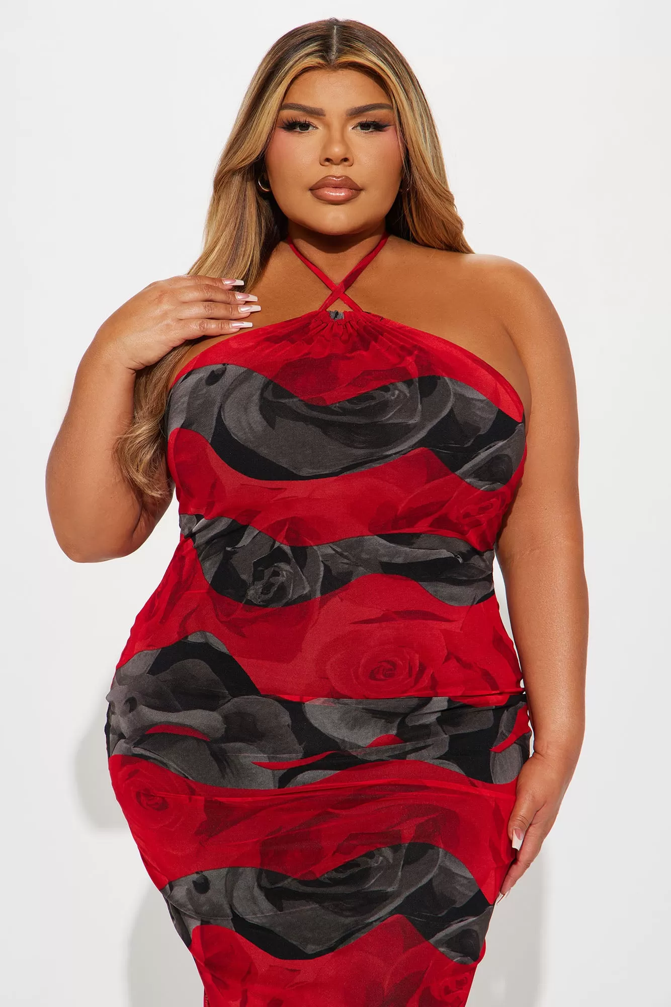 Burnin' Up Mesh Midi Dress - Red/combo