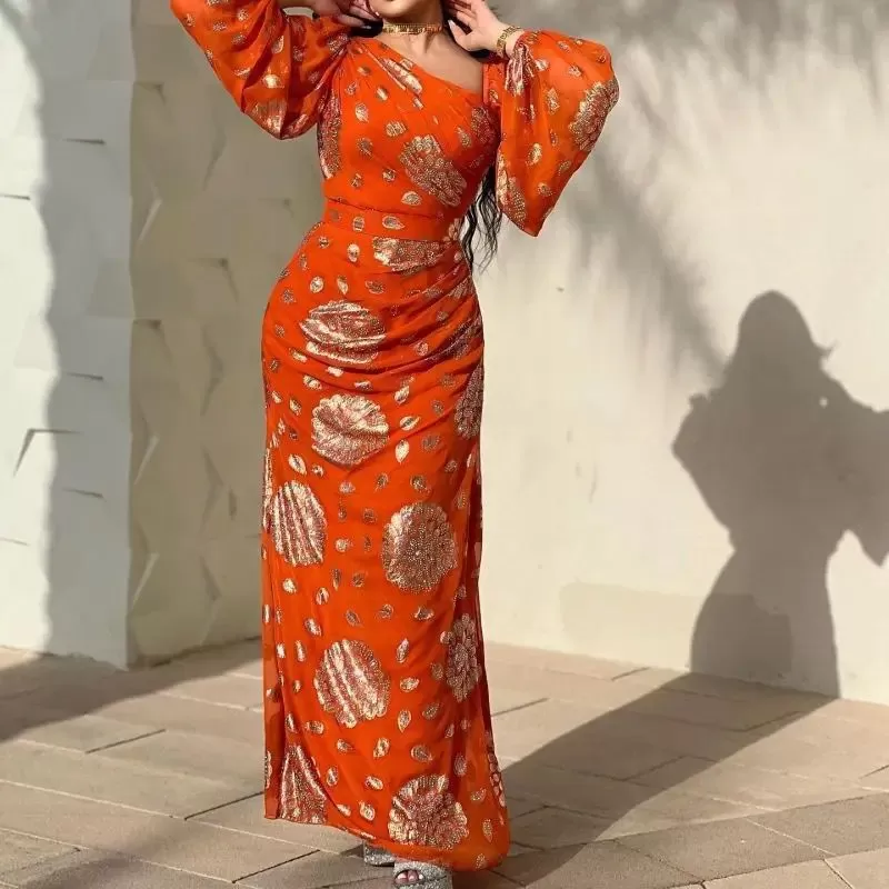 Chiffon Orange Party Lady Slim Empire Elegant Spring Summer Maxi Dress S4668451