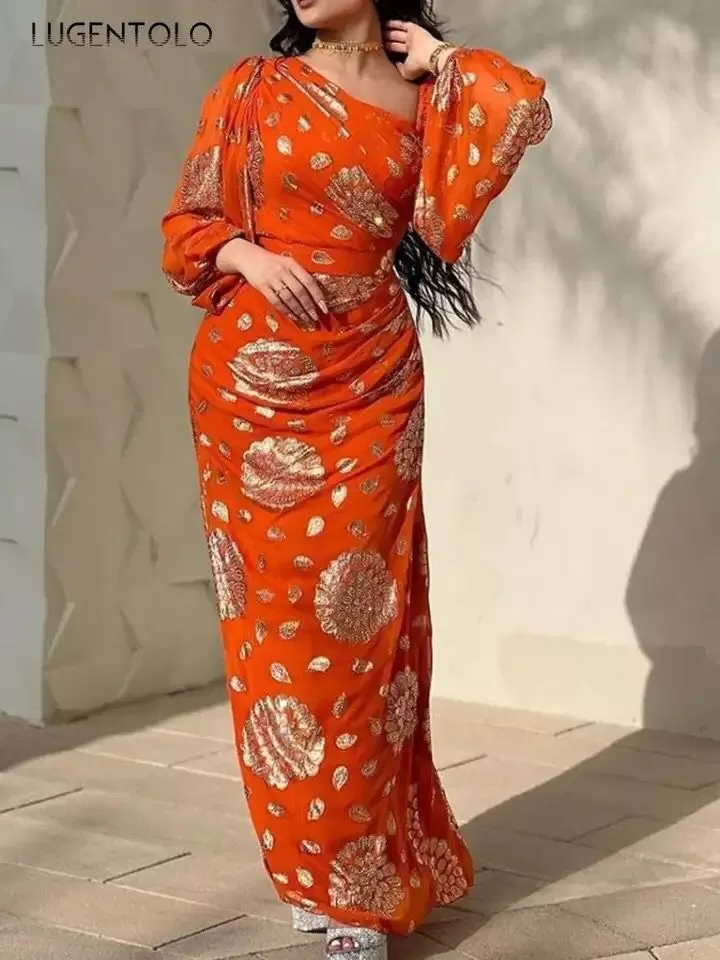 Chiffon Orange Party Lady Slim Empire Elegant Spring Summer Maxi Dress S4668451