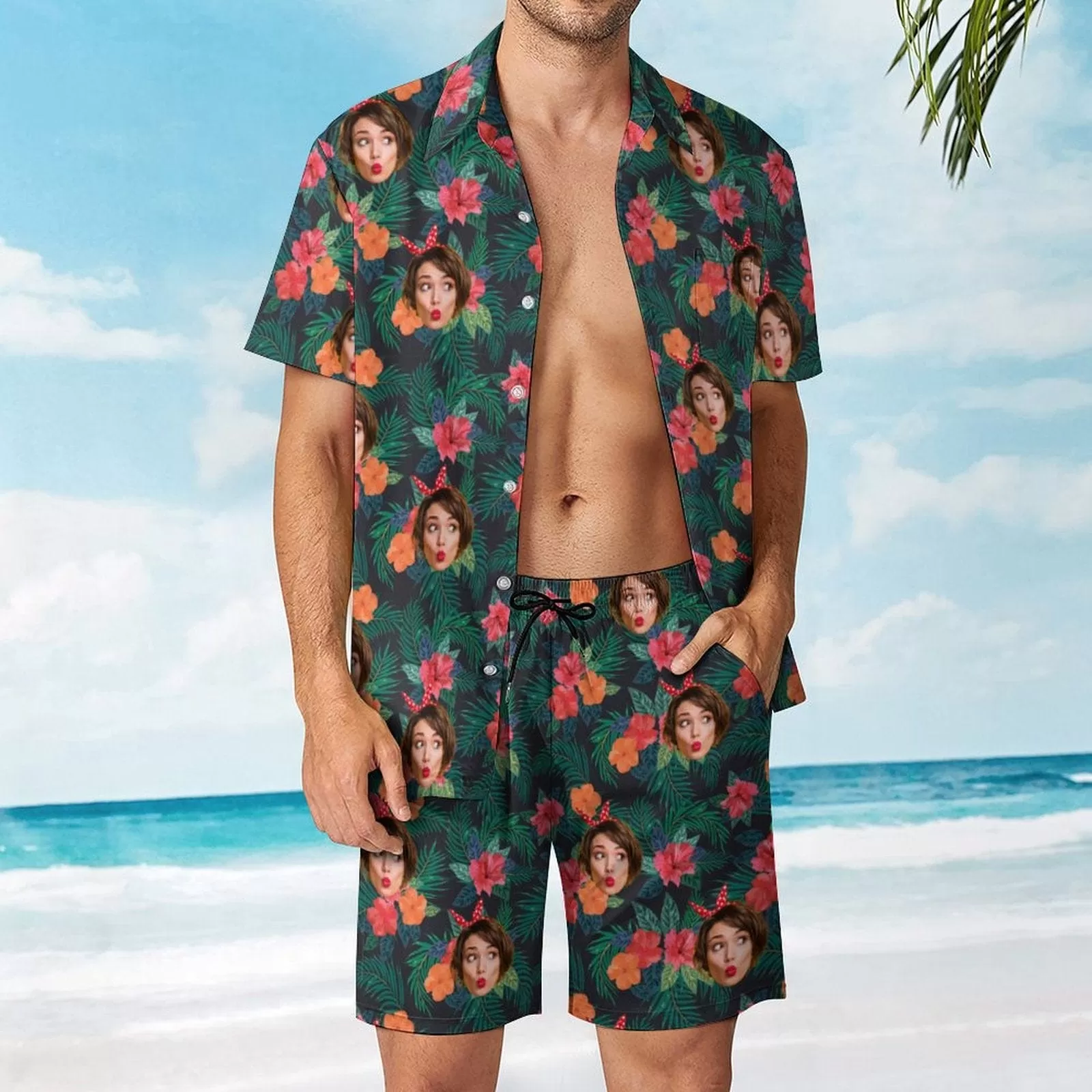 Custom Face on Hawaiian Set Tropical Leaves Style Beach Holiday Hawaiian Shirt & Summer Shorts Set