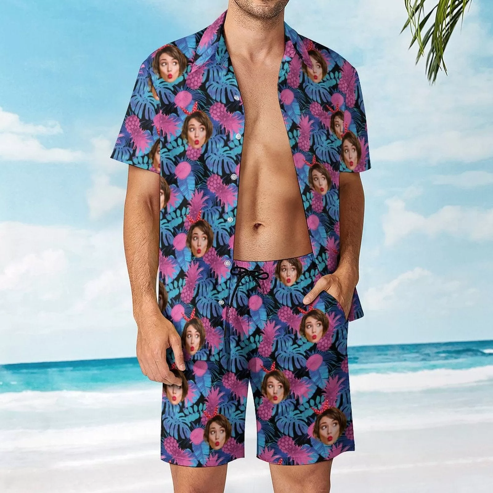 Custom Face on Hawaiian Set Tropical Leaves Style Beach Holiday Hawaiian Shirt & Summer Shorts Set