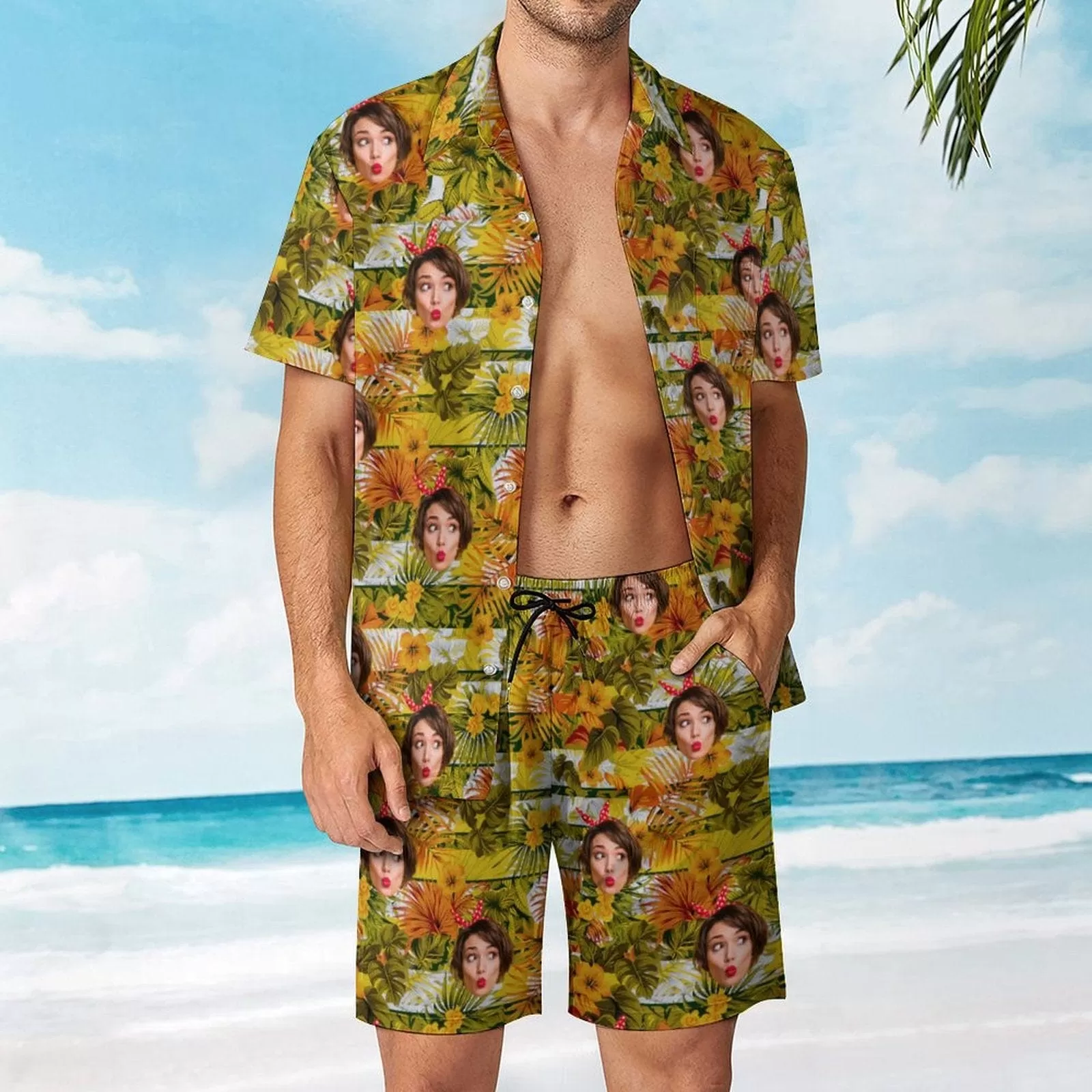 Custom Face on Hawaiian Set Tropical Leaves Style Beach Holiday Hawaiian Shirt & Summer Shorts Set