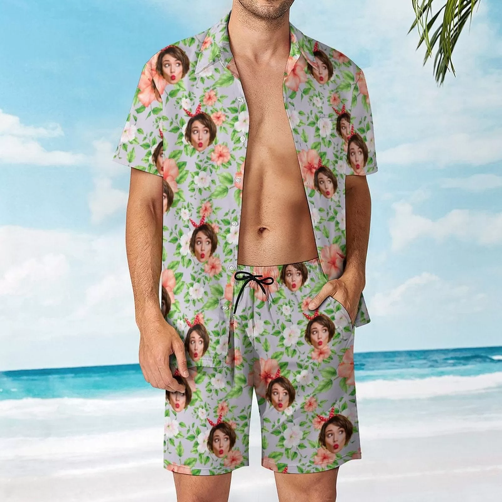 Custom Face on Hawaiian Set Tropical Leaves Style Beach Holiday Hawaiian Shirt & Summer Shorts Set