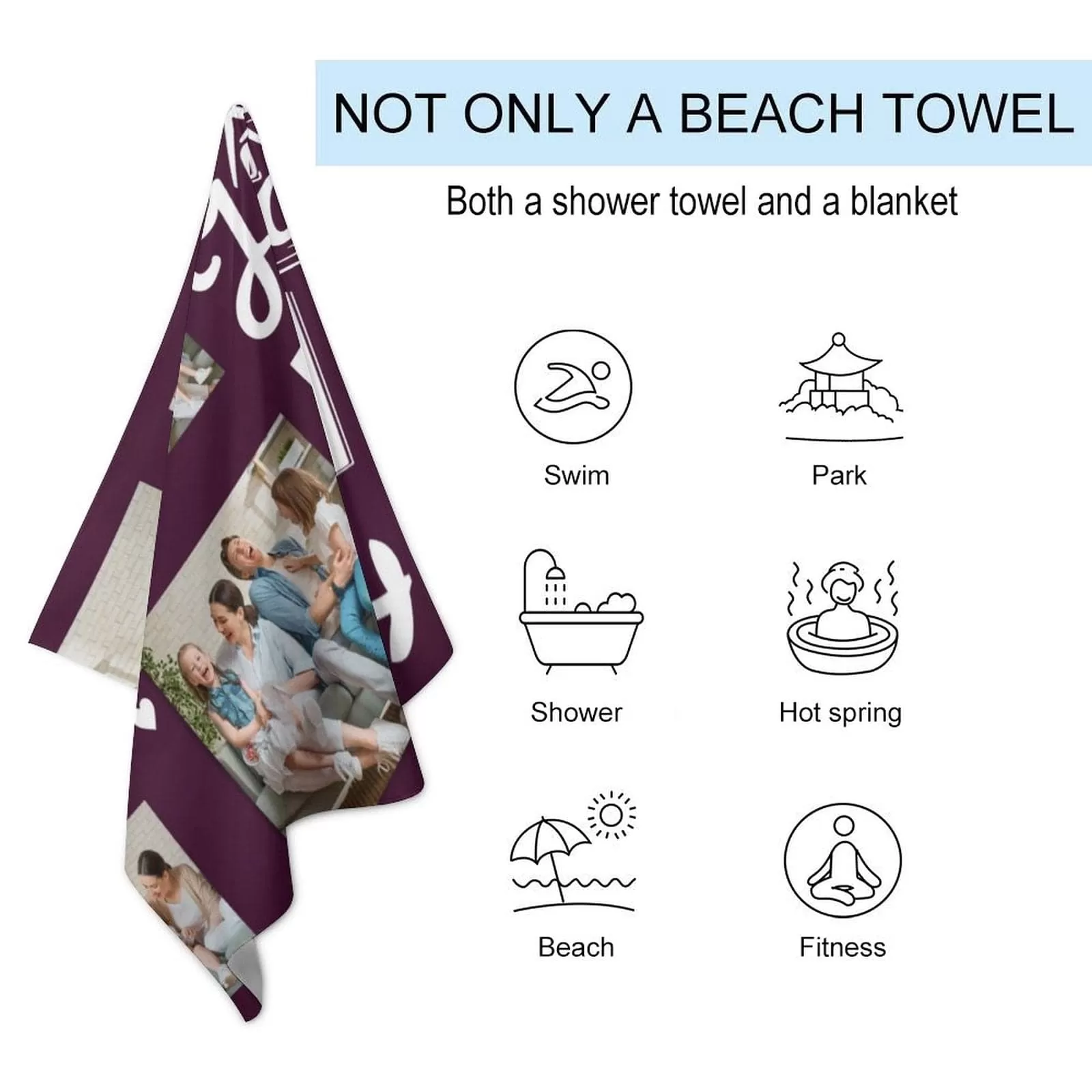 Custom Photo Home Beach Towel Quick Dry Absorbent Cotton Lightweight Thin Bathroom Bath Pool Swim Towels Sand Free Towel Beach Accessories Essentials Mother's Day Gift