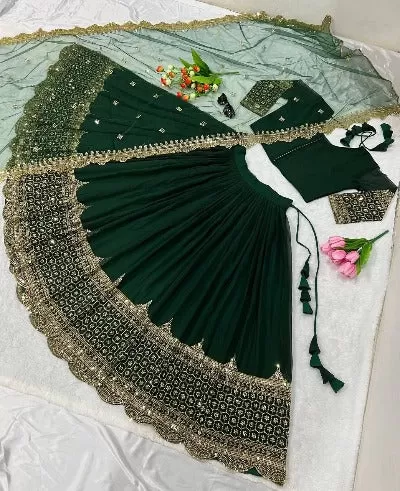 Dark Bottle Green Faux Georgette Embroidered Stitched Lehenga Set