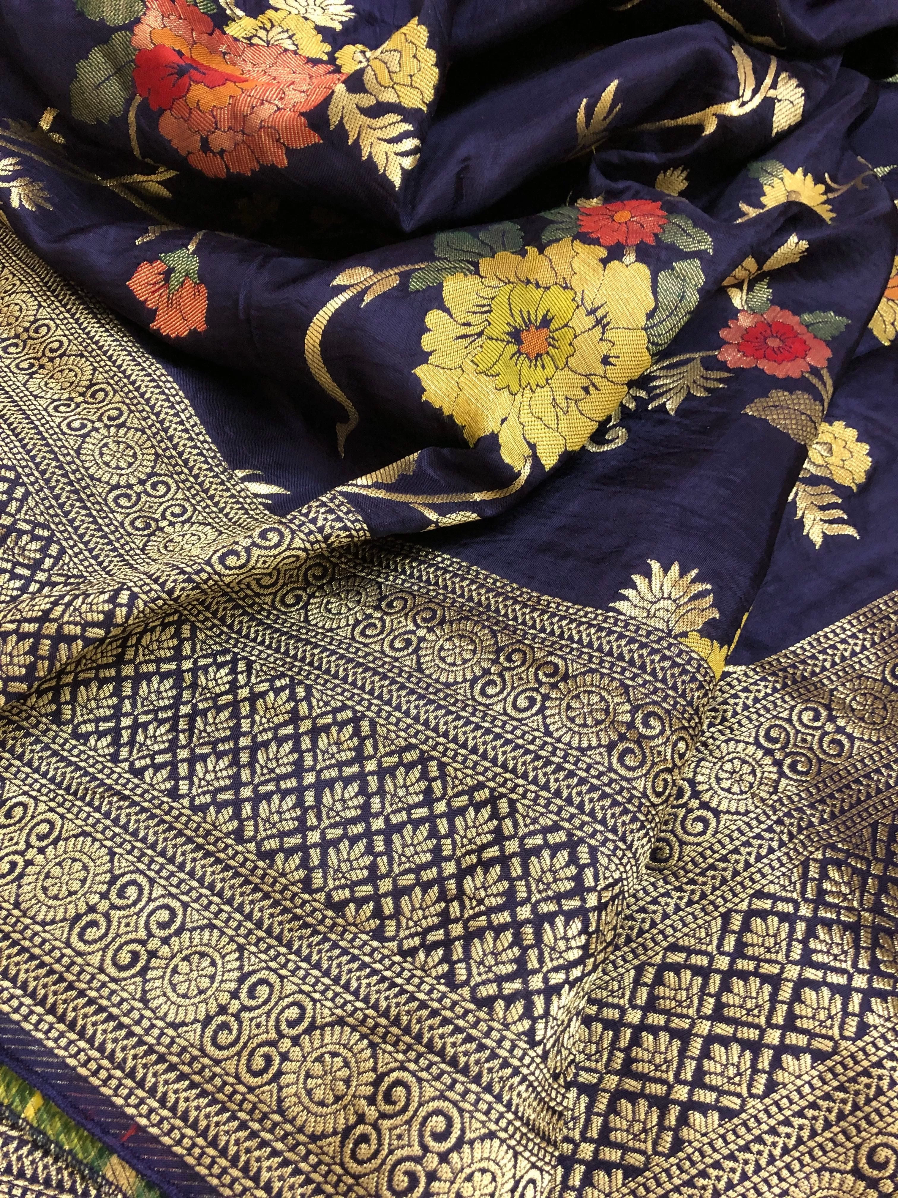 Deep Space Blue Color Muga Silk Saree