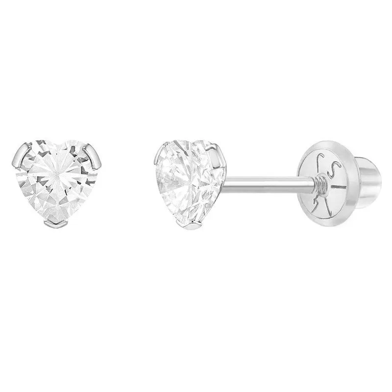 Delicate Cubic Zirconia Heart 4mm Baby Children Screw Back Earrings