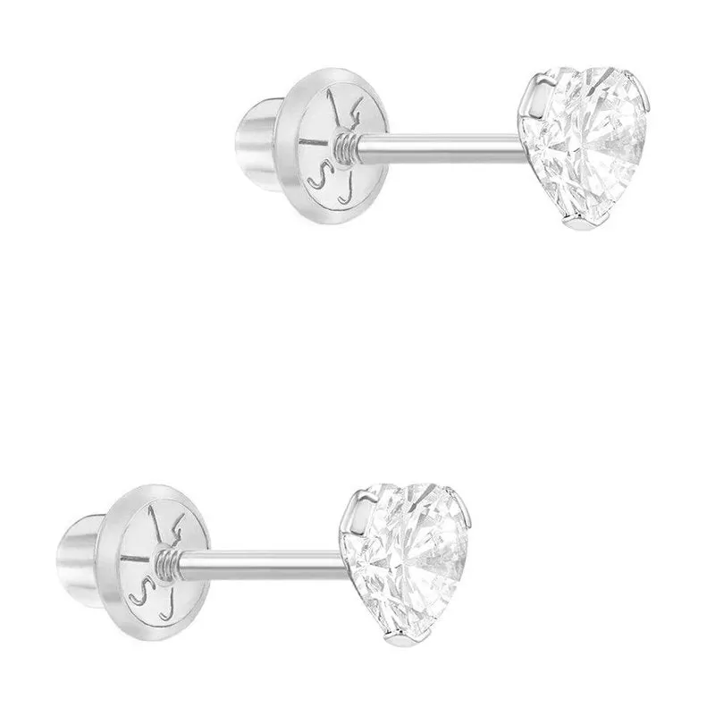 Delicate Cubic Zirconia Heart 4mm Baby Children Screw Back Earrings