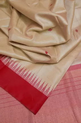 Dirt Sandal and Red Color Pure Tussar Silk Saree with Temple Border and Buti Work