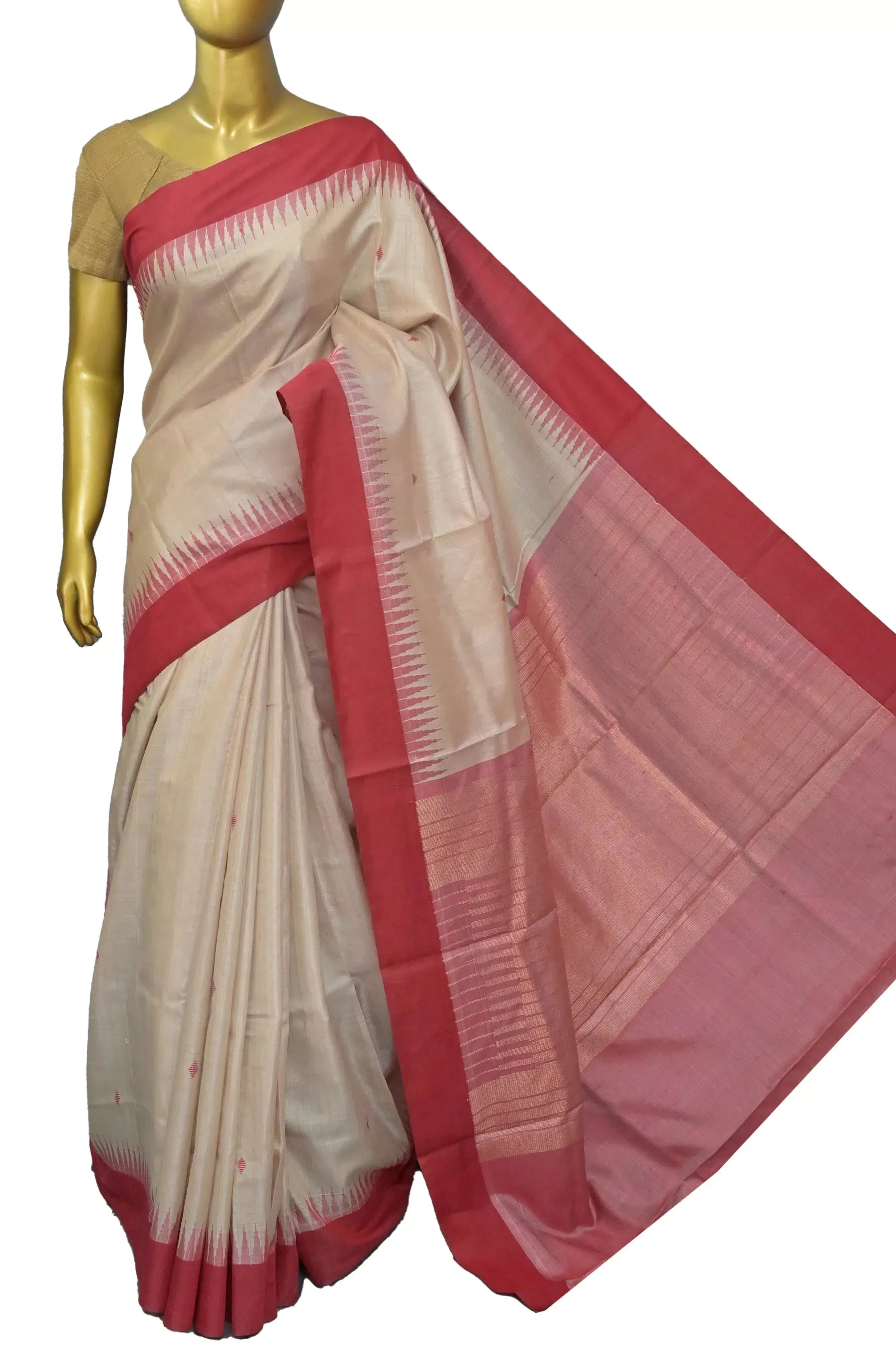 Dirt Sandal and Red Color Pure Tussar Silk Saree with Temple Border and Buti Work