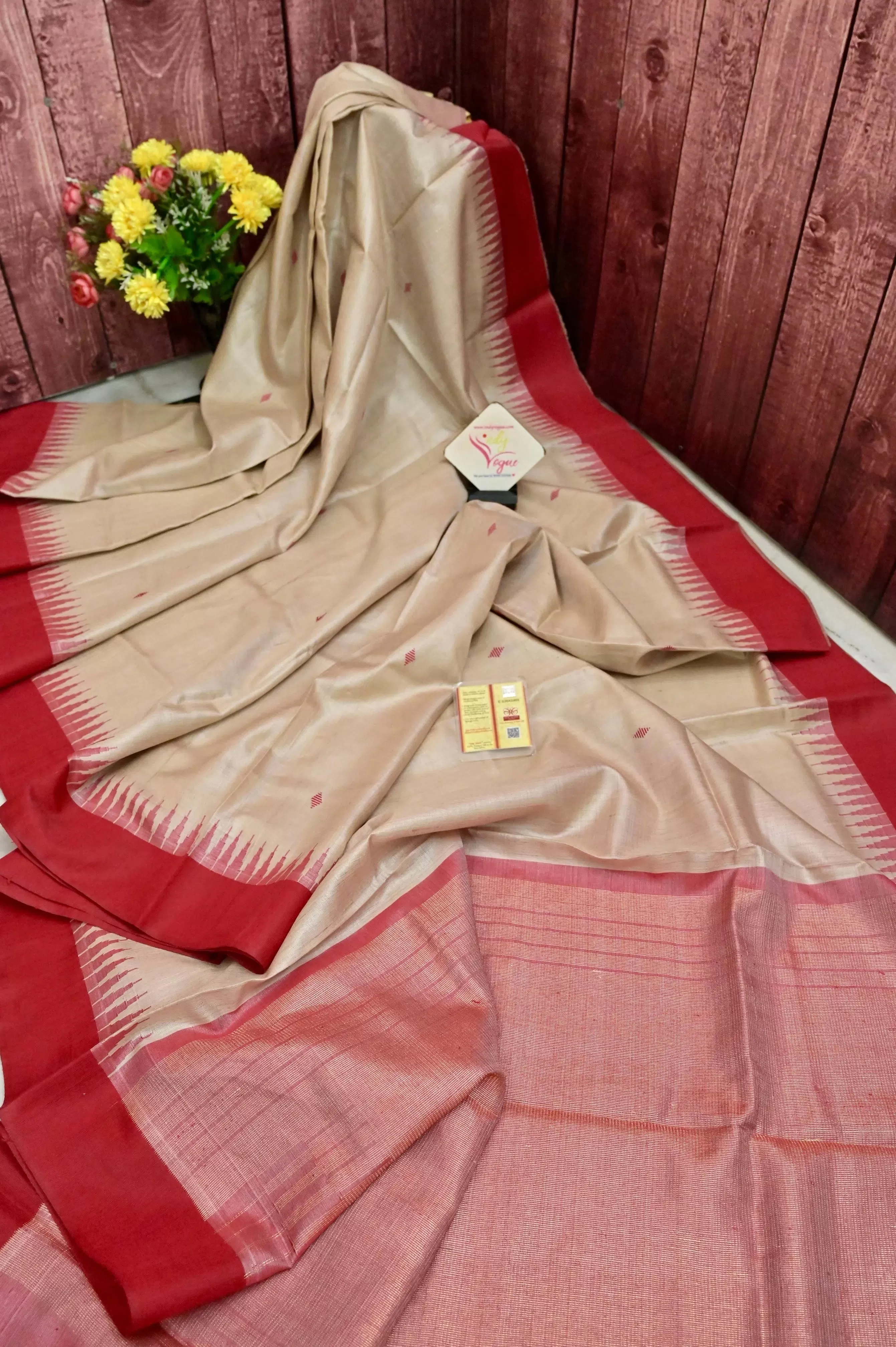 Dirt Sandal and Red Color Pure Tussar Silk Saree with Temple Border and Buti Work