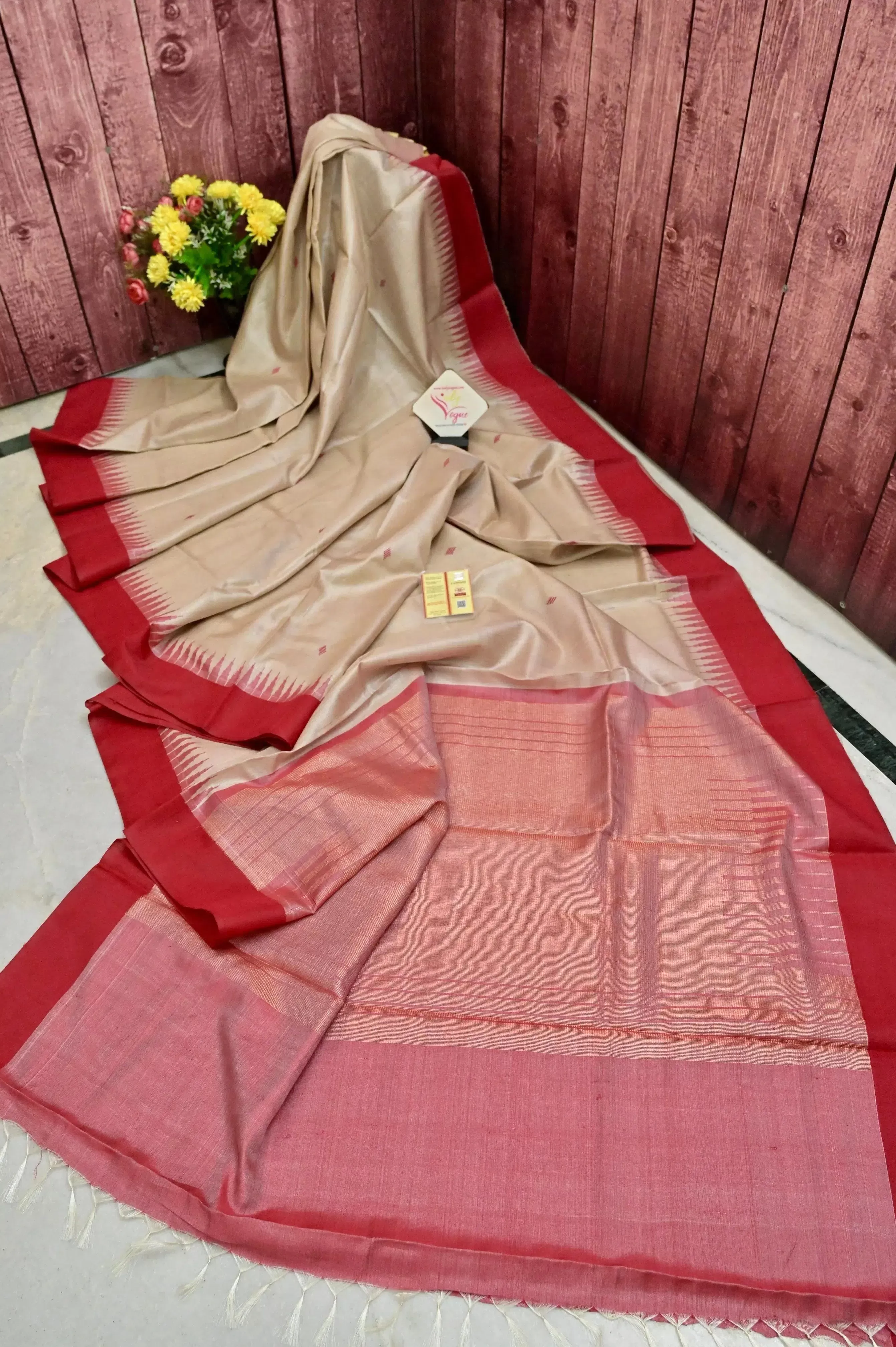 Dirt Sandal and Red Color Pure Tussar Silk Saree with Temple Border and Buti Work