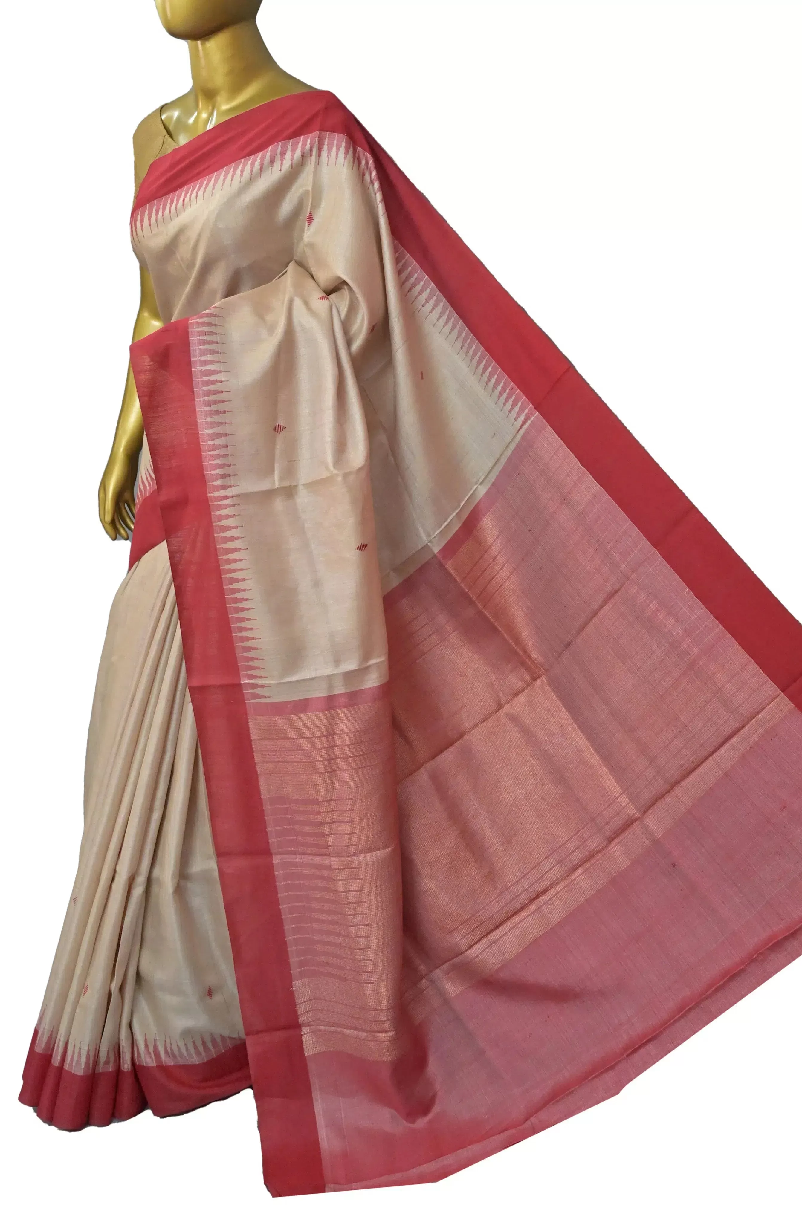 Dirt Sandal and Red Color Pure Tussar Silk Saree with Temple Border and Buti Work