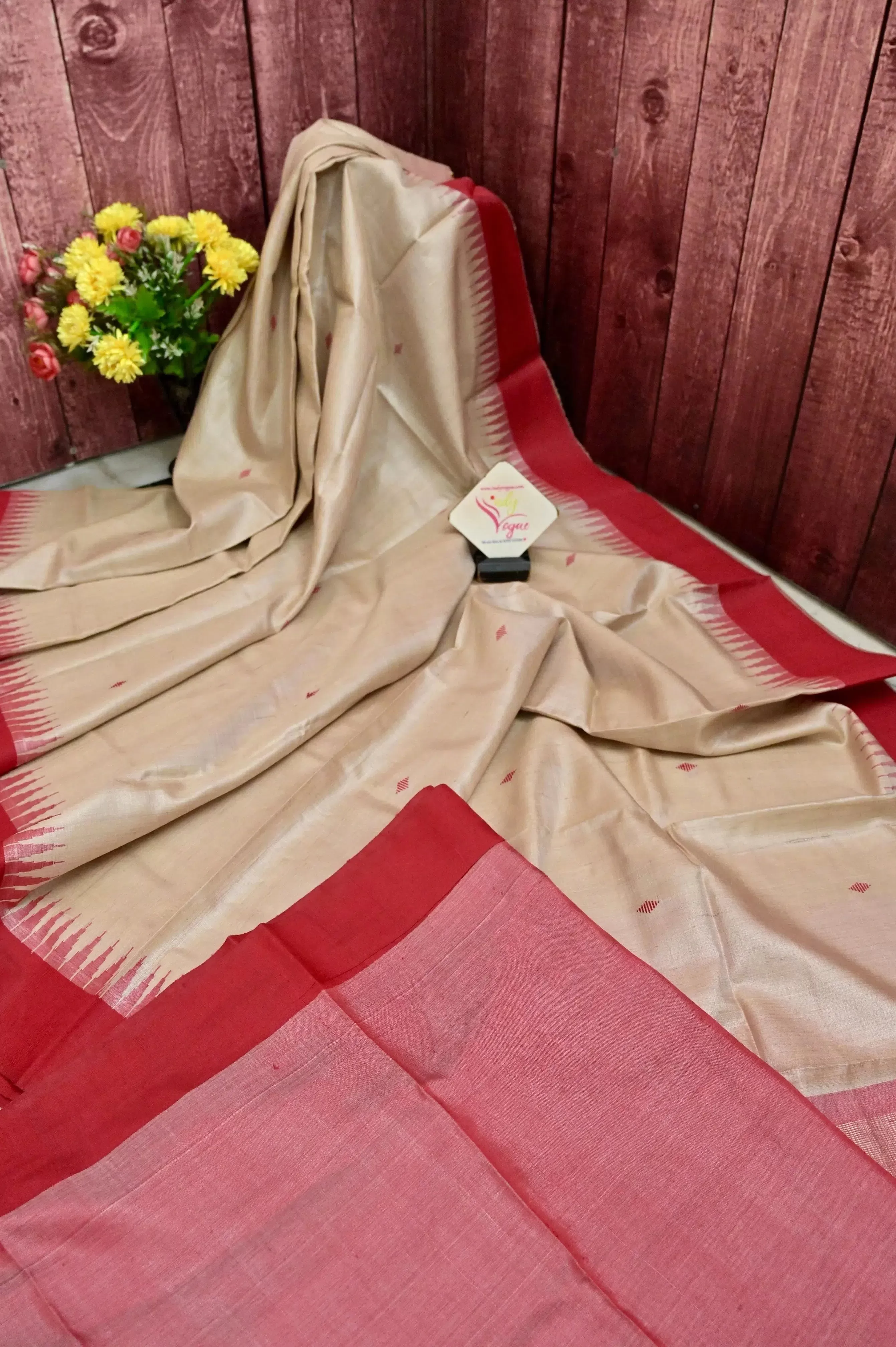 Dirt Sandal and Red Color Pure Tussar Silk Saree with Temple Border and Buti Work