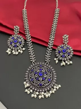 Elegant Silver Toned Blue Color Ethnic Antique Oxidized Necklace Set