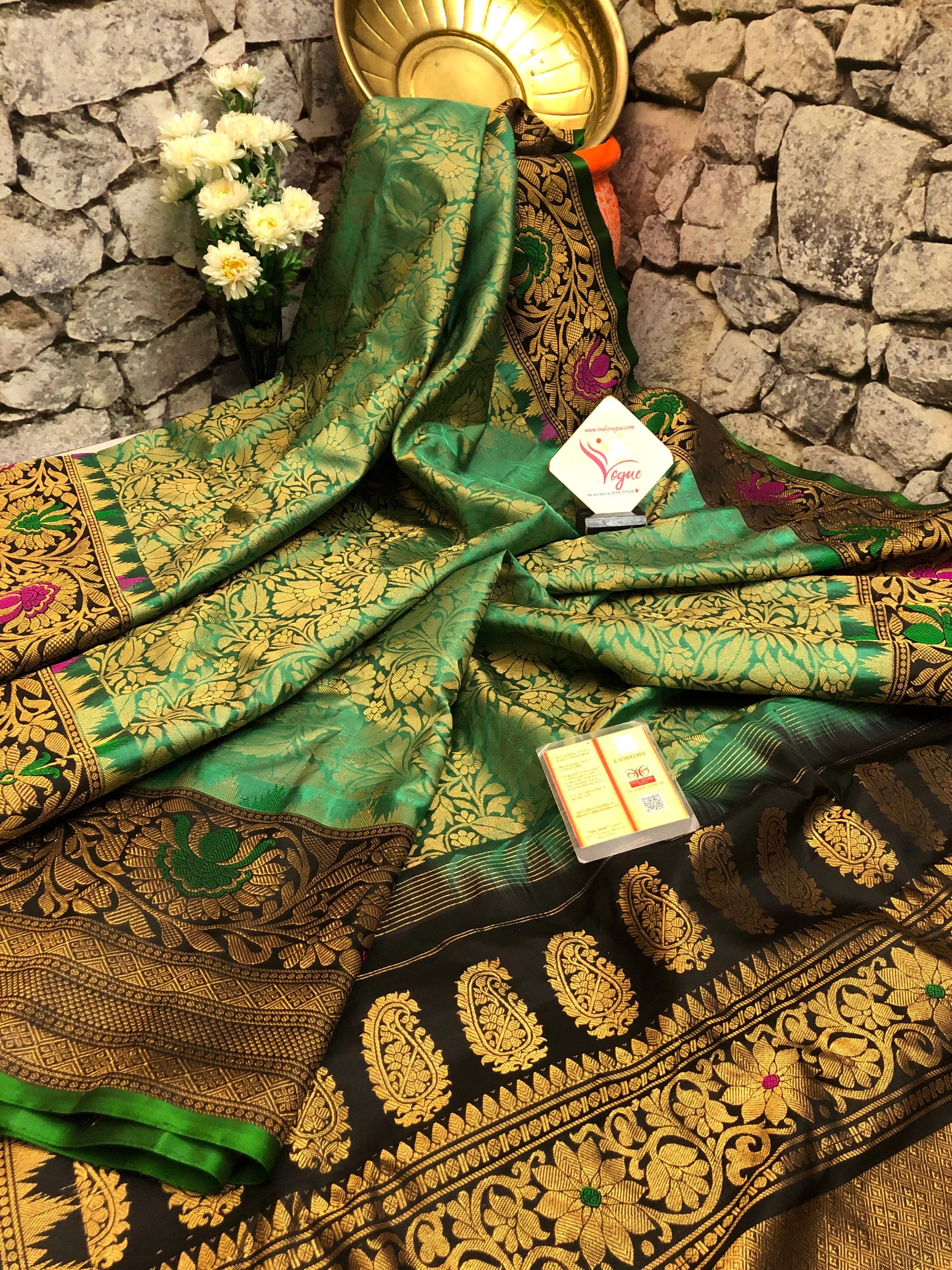 Emerald Green Color Gadwal Silk Saree with Brocade Zari and Meenakari Work