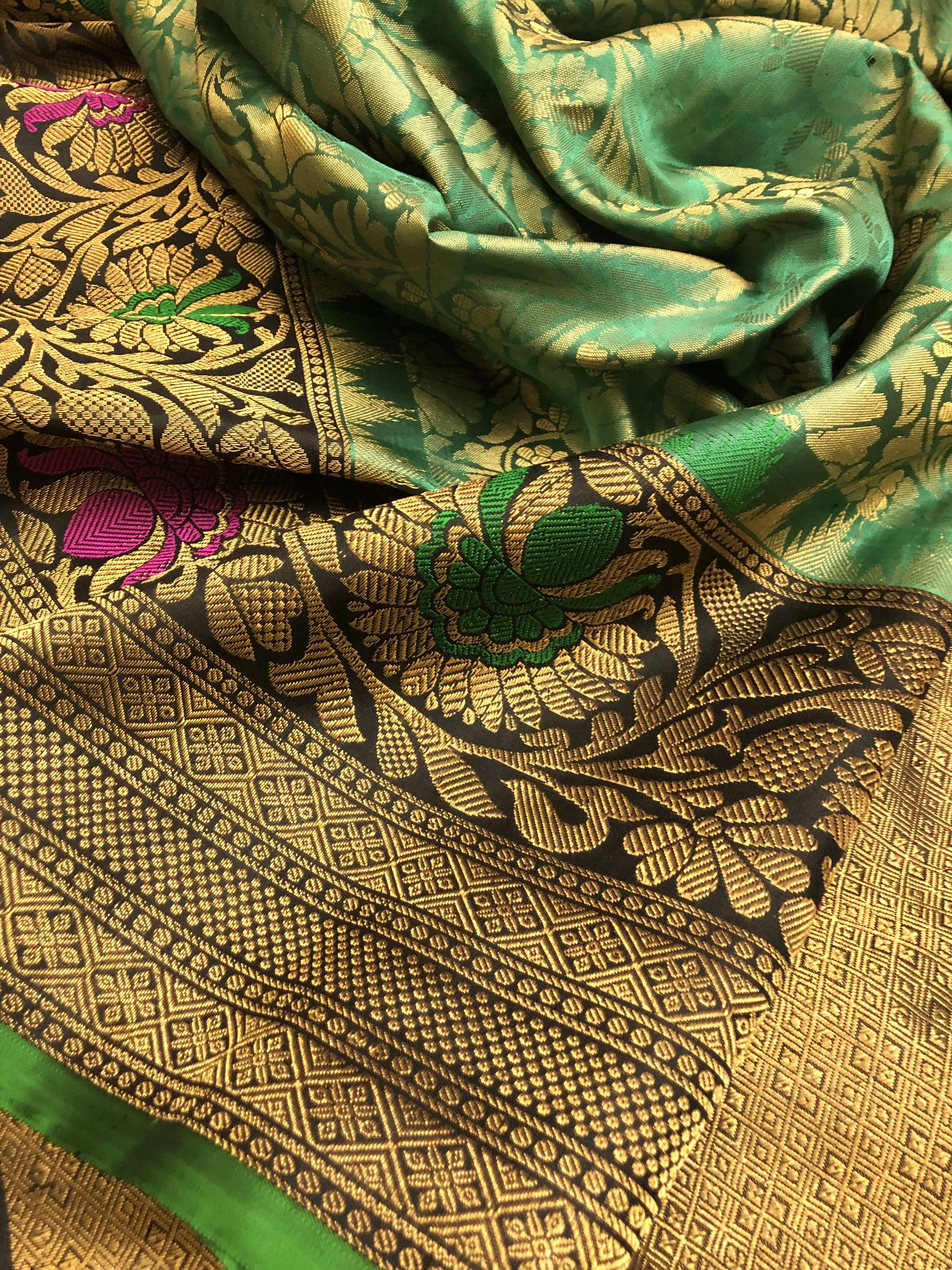 Emerald Green Color Gadwal Silk Saree with Brocade Zari and Meenakari Work