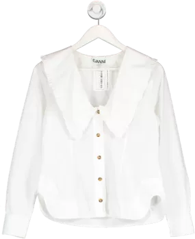 Ganni White Ruffled Collar Organic Poplin Shirt UK 8