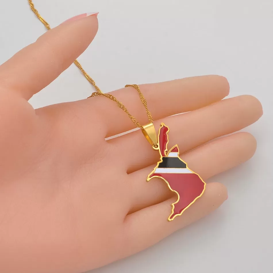 Gold/Silver-Plated Trinidad and Tobago Map Flag Pendant Necklace