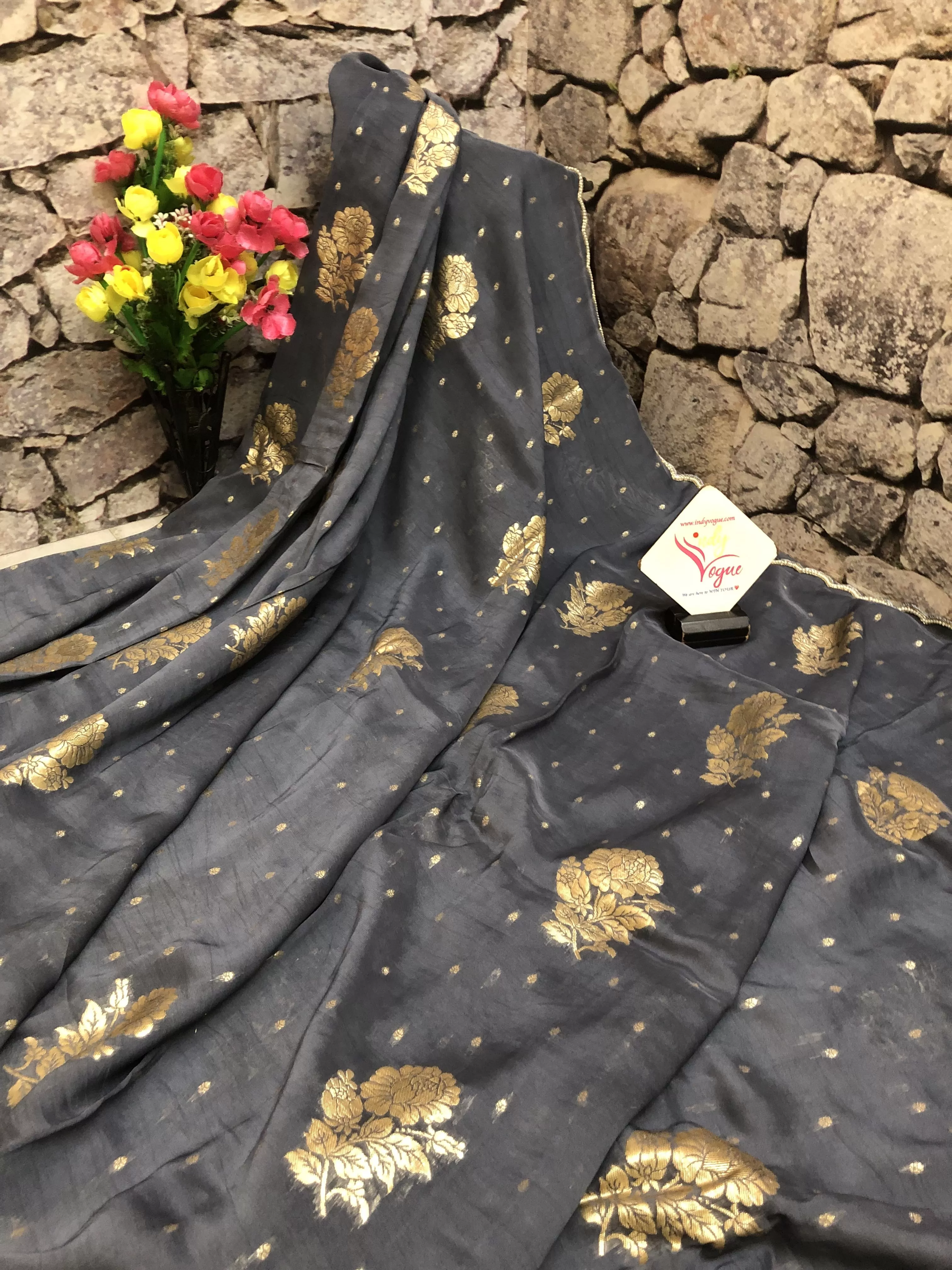 Grey Color Designer Georgette Saree with Zari Butta and Scallop Border