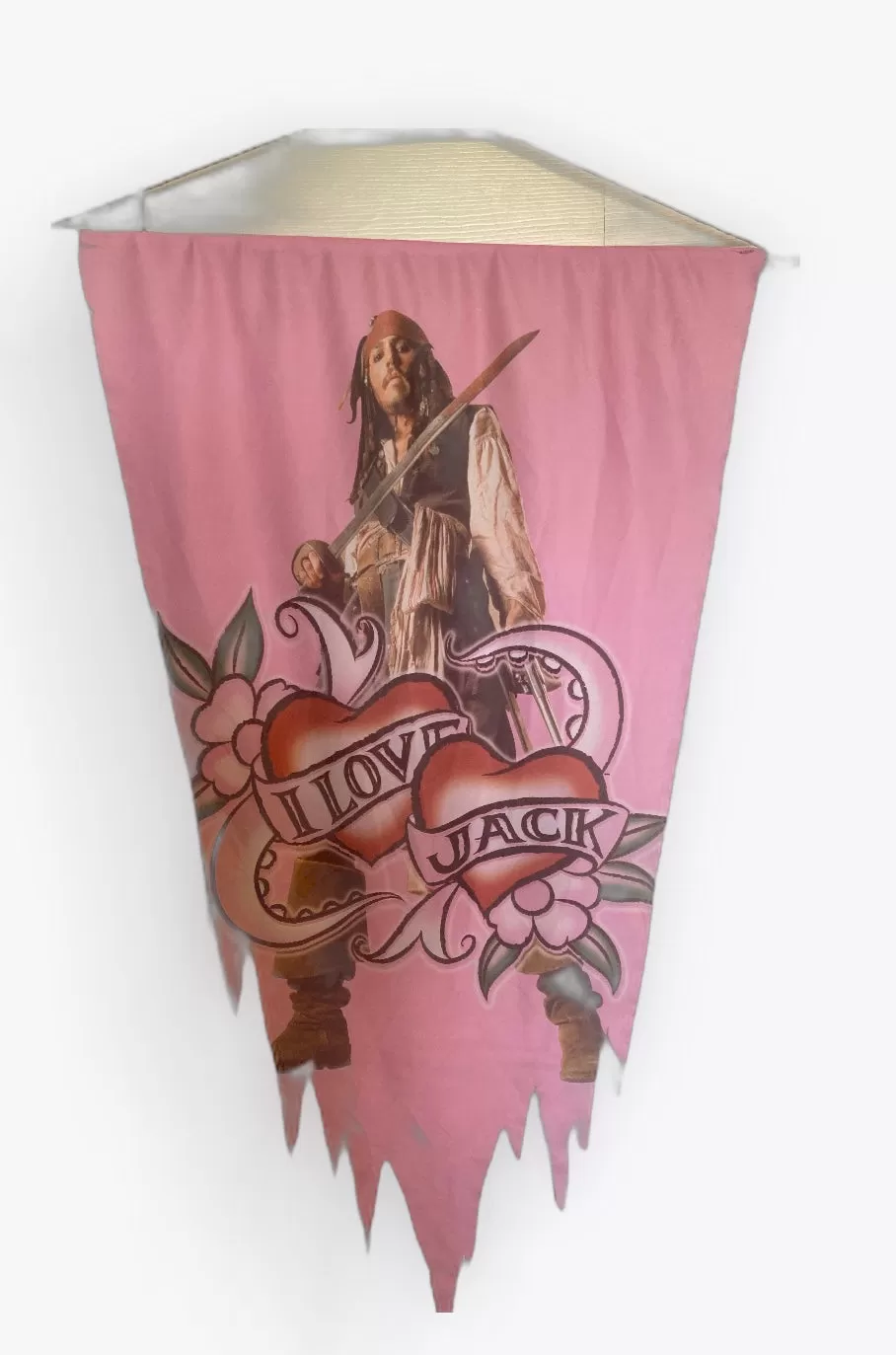 I Love Jack Pink Pirate Banner Flag, Pirates of the Caribbean, Johnny Depp