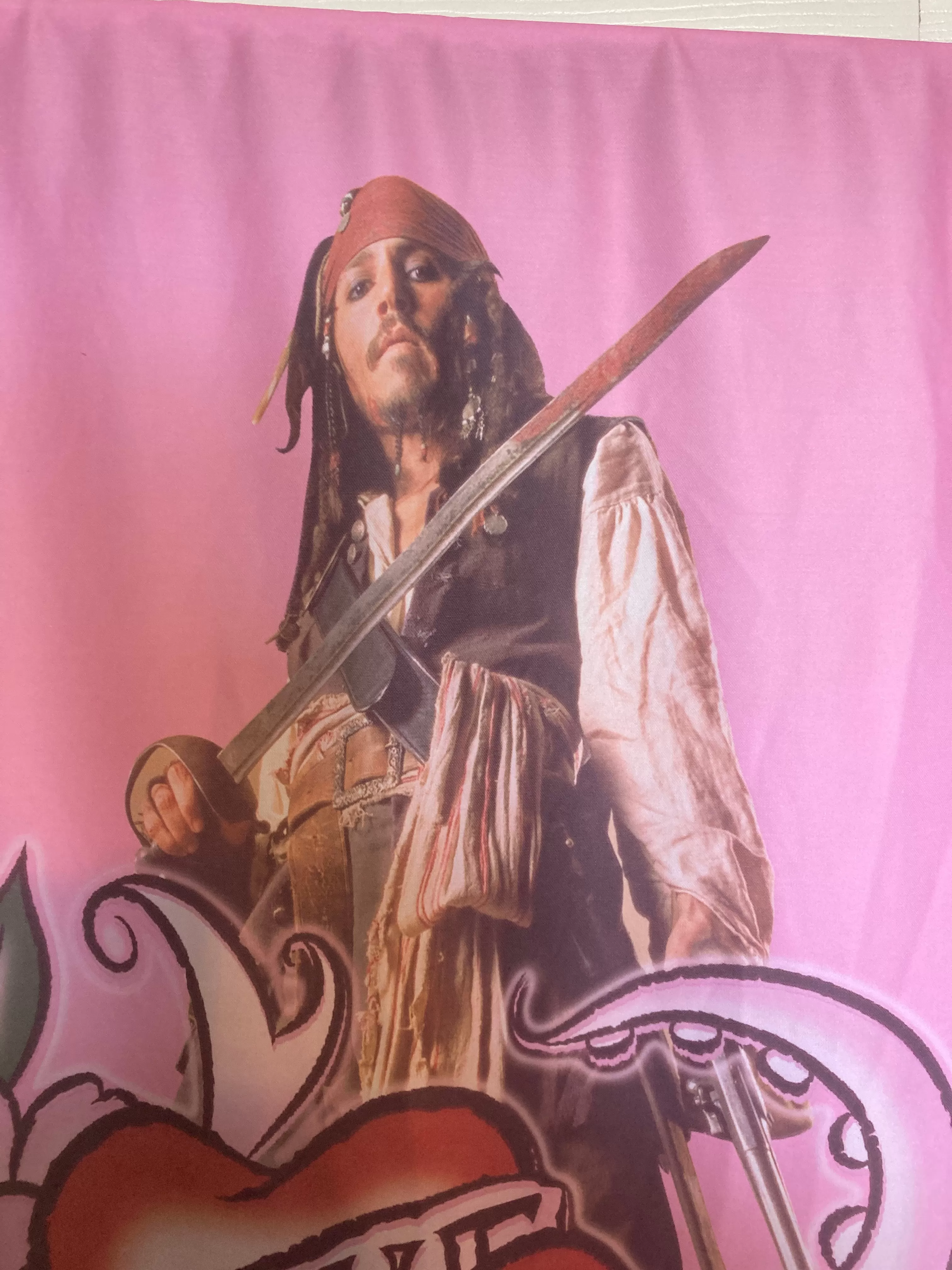 I Love Jack Pink Pirate Banner Flag, Pirates of the Caribbean, Johnny Depp