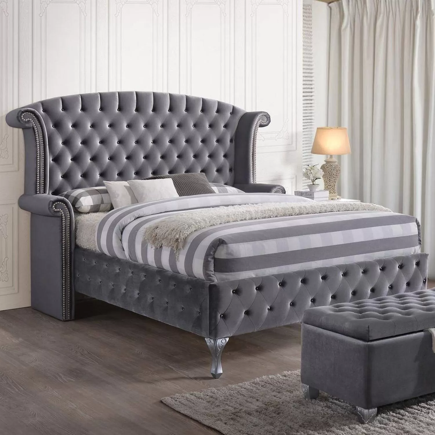 King Tufted Gray Upholstered Velvet Bed With Nailhead Trim