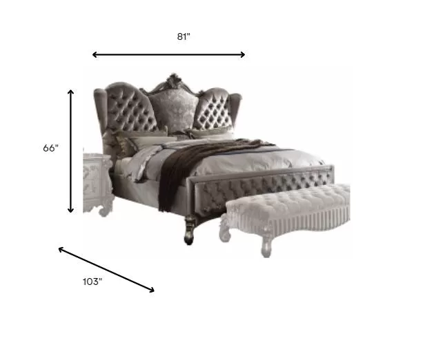 King Tufted Gray Upholstered Velvet Bed With Nailhead Trim