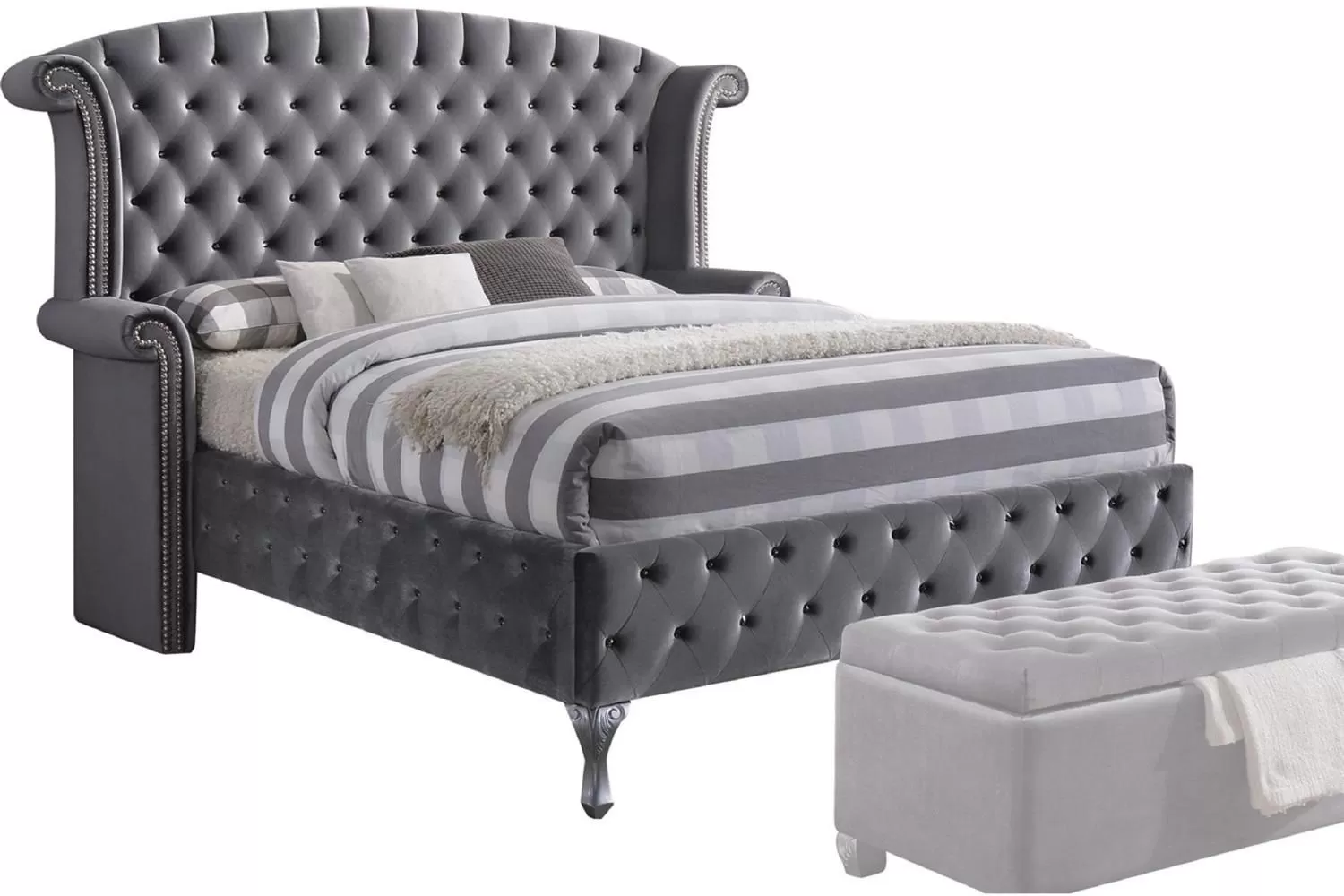 King Tufted Gray Upholstered Velvet Bed With Nailhead Trim