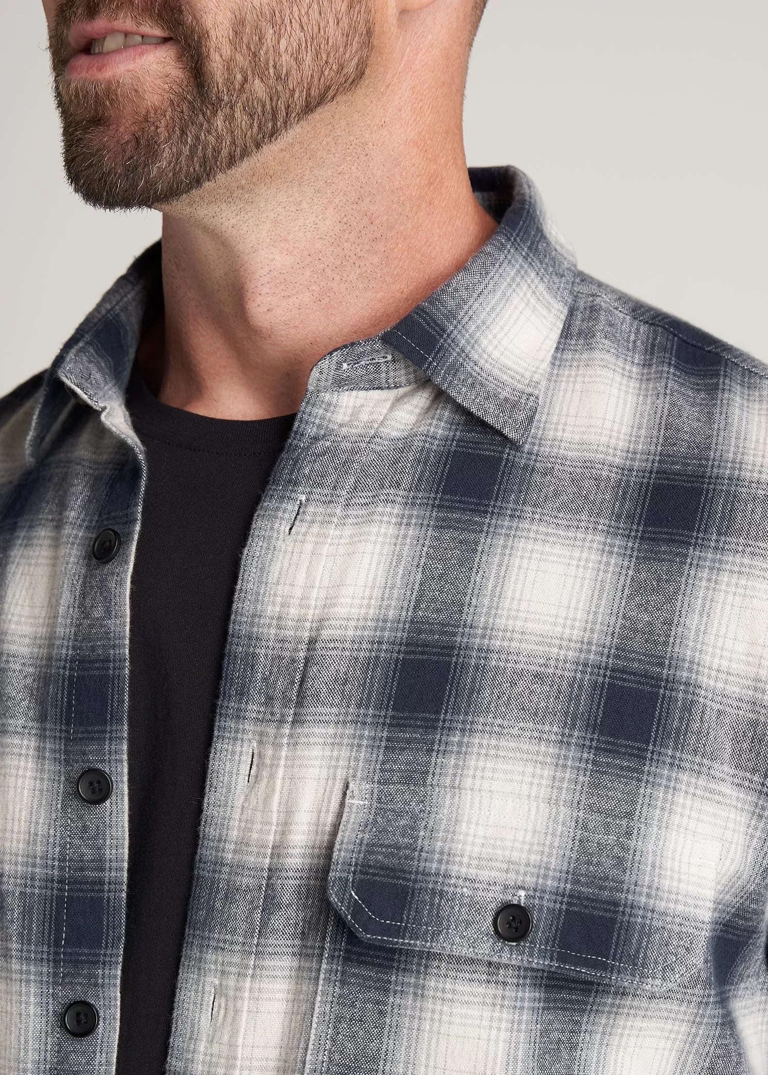 LJ&S Men's Tall Heavy Flannel Shirt in Weathered Navy & Ecru Plaid