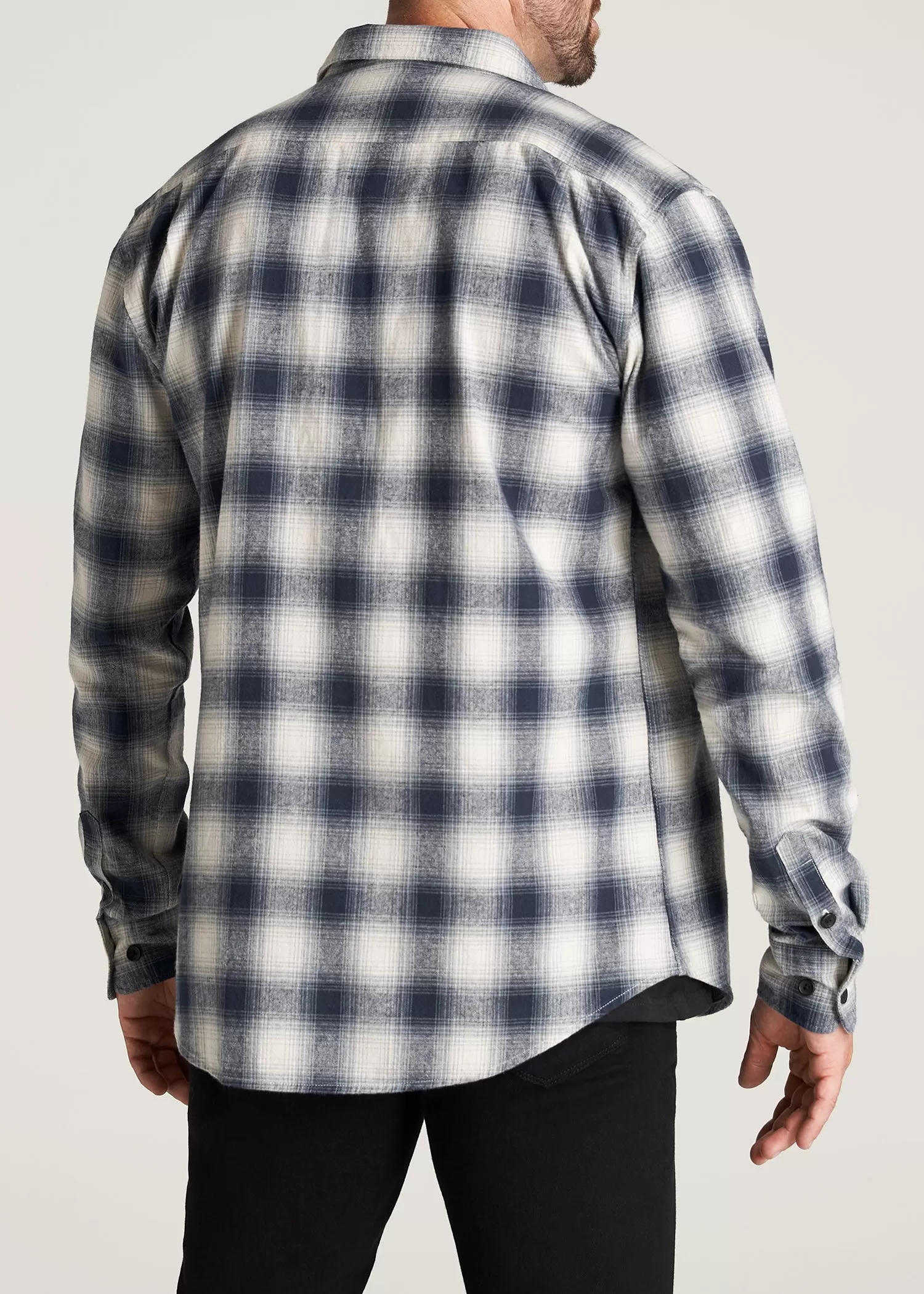 LJ&S Men's Tall Heavy Flannel Shirt in Weathered Navy & Ecru Plaid