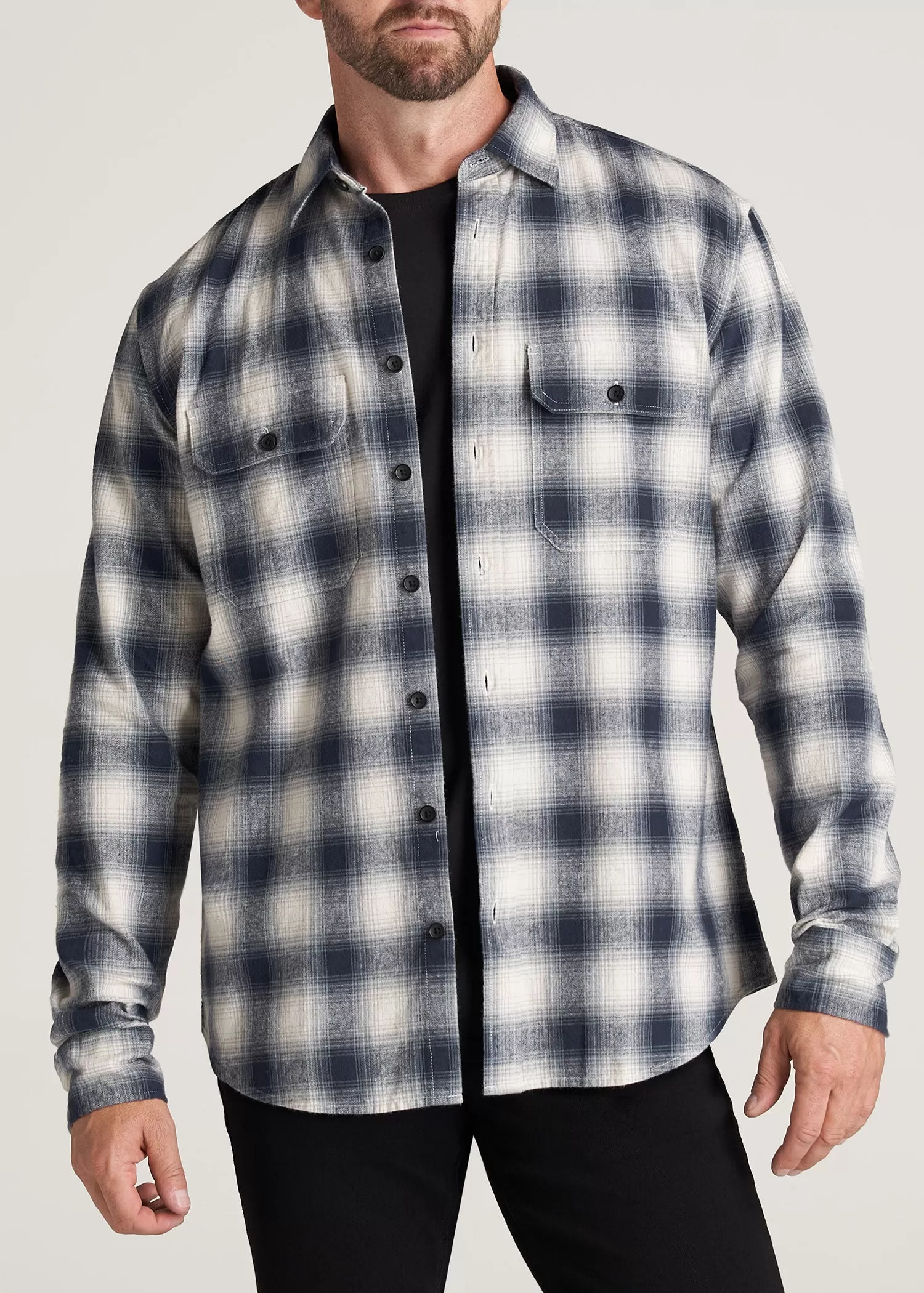 LJ&S Men's Tall Heavy Flannel Shirt in Weathered Navy & Ecru Plaid