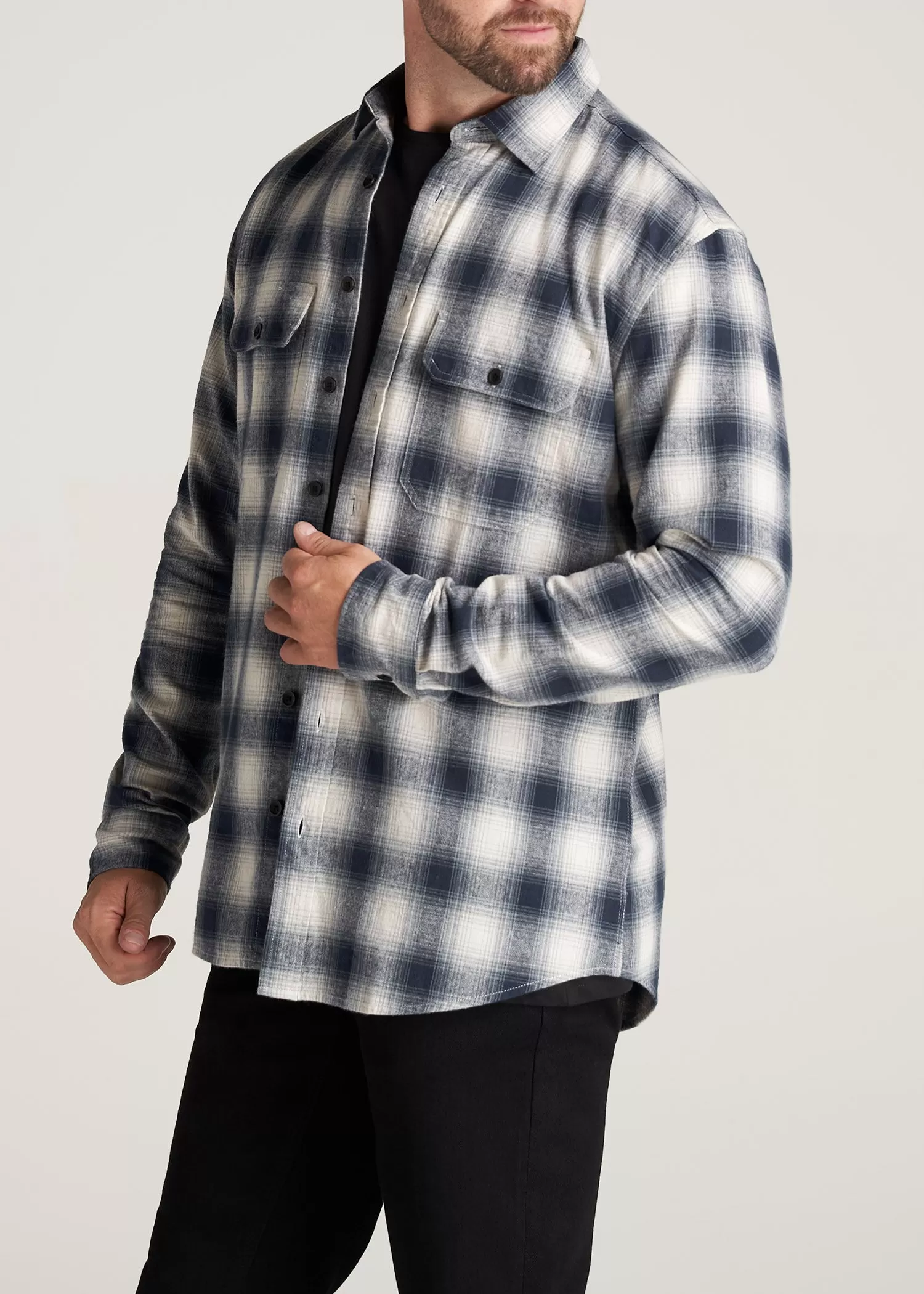 LJ&S Men's Tall Heavy Flannel Shirt in Weathered Navy & Ecru Plaid