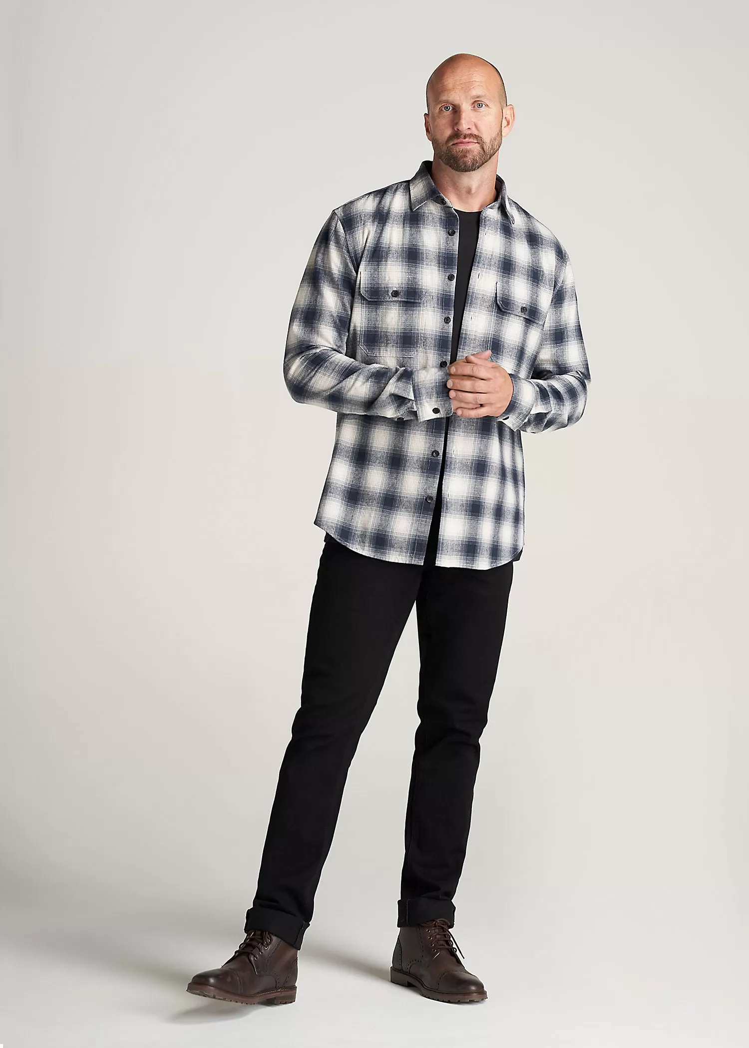 LJ&S Men's Tall Heavy Flannel Shirt in Weathered Navy & Ecru Plaid