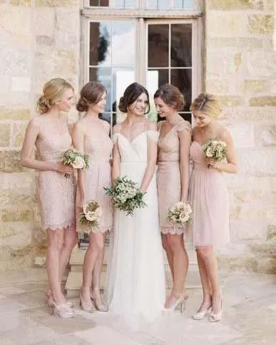 Mismatched Junior Short Lace Knee Length Blush Pink Bridesmaid Dresses Prom Dresses